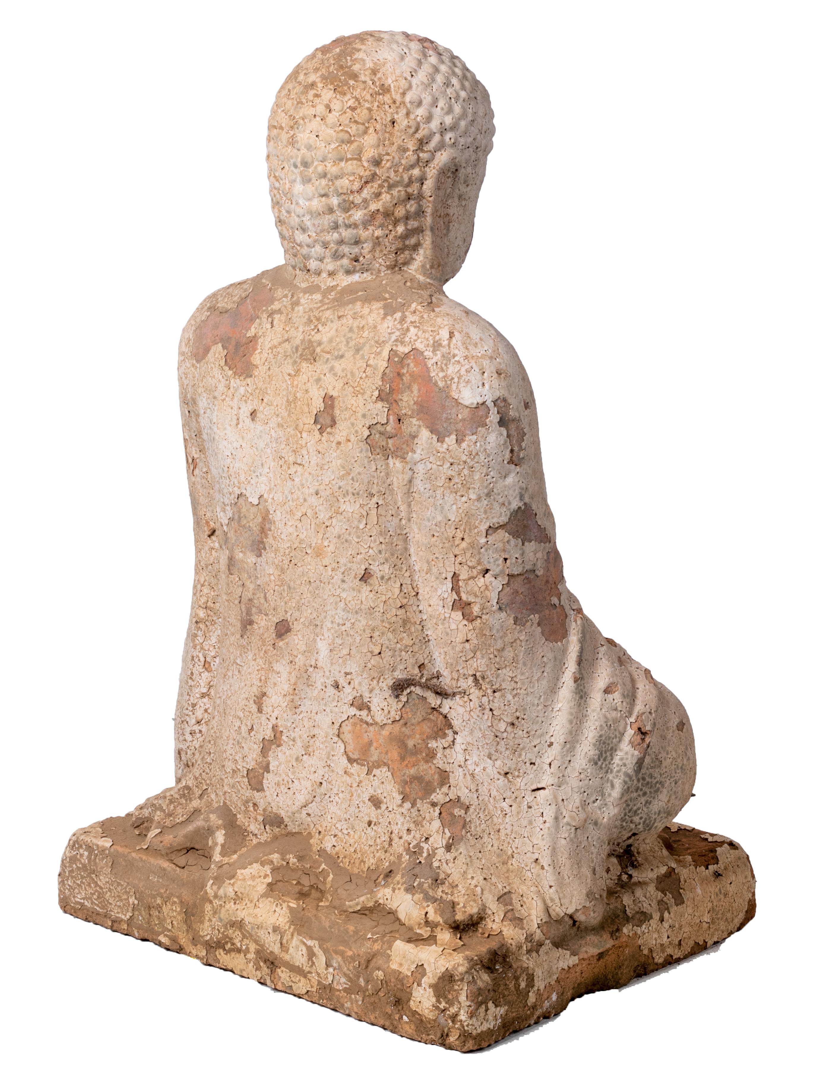 Sitting Terracotta Buddha Sculpture with White Antique Finish 1