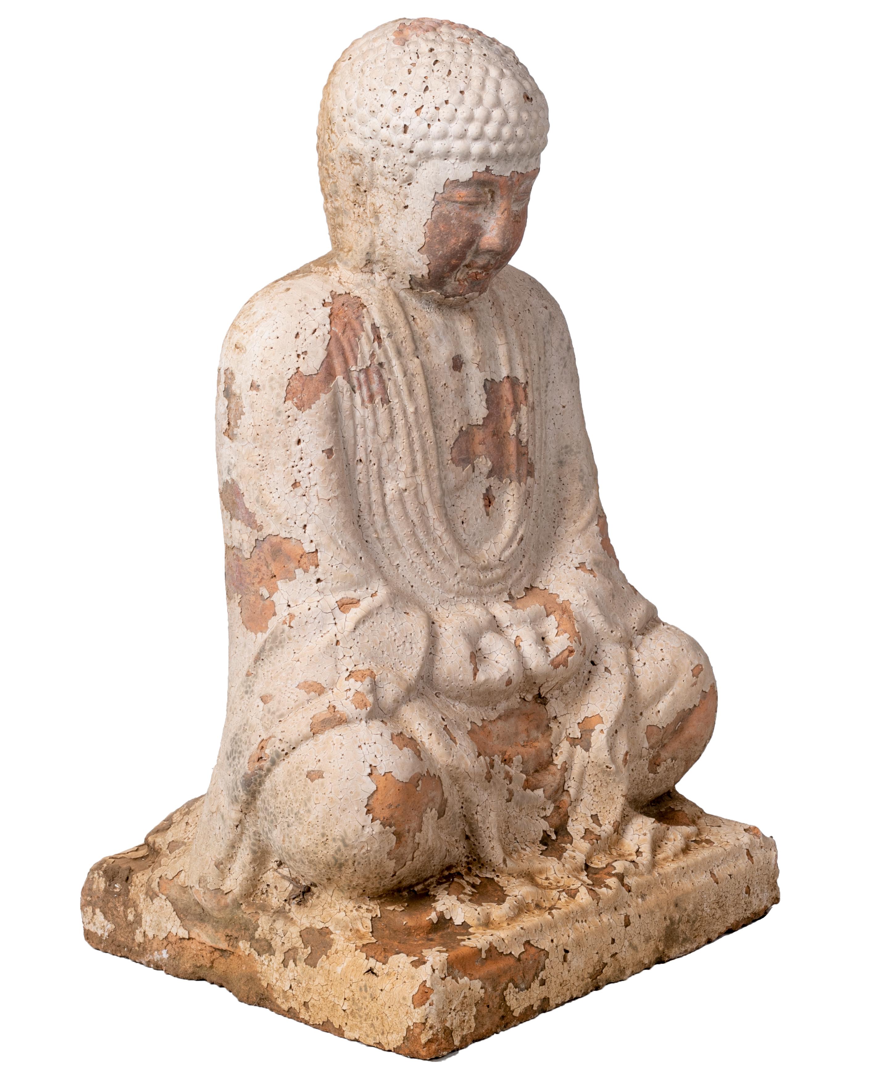 Sitting Terracotta Buddha Sculpture with White Antique Finish 2