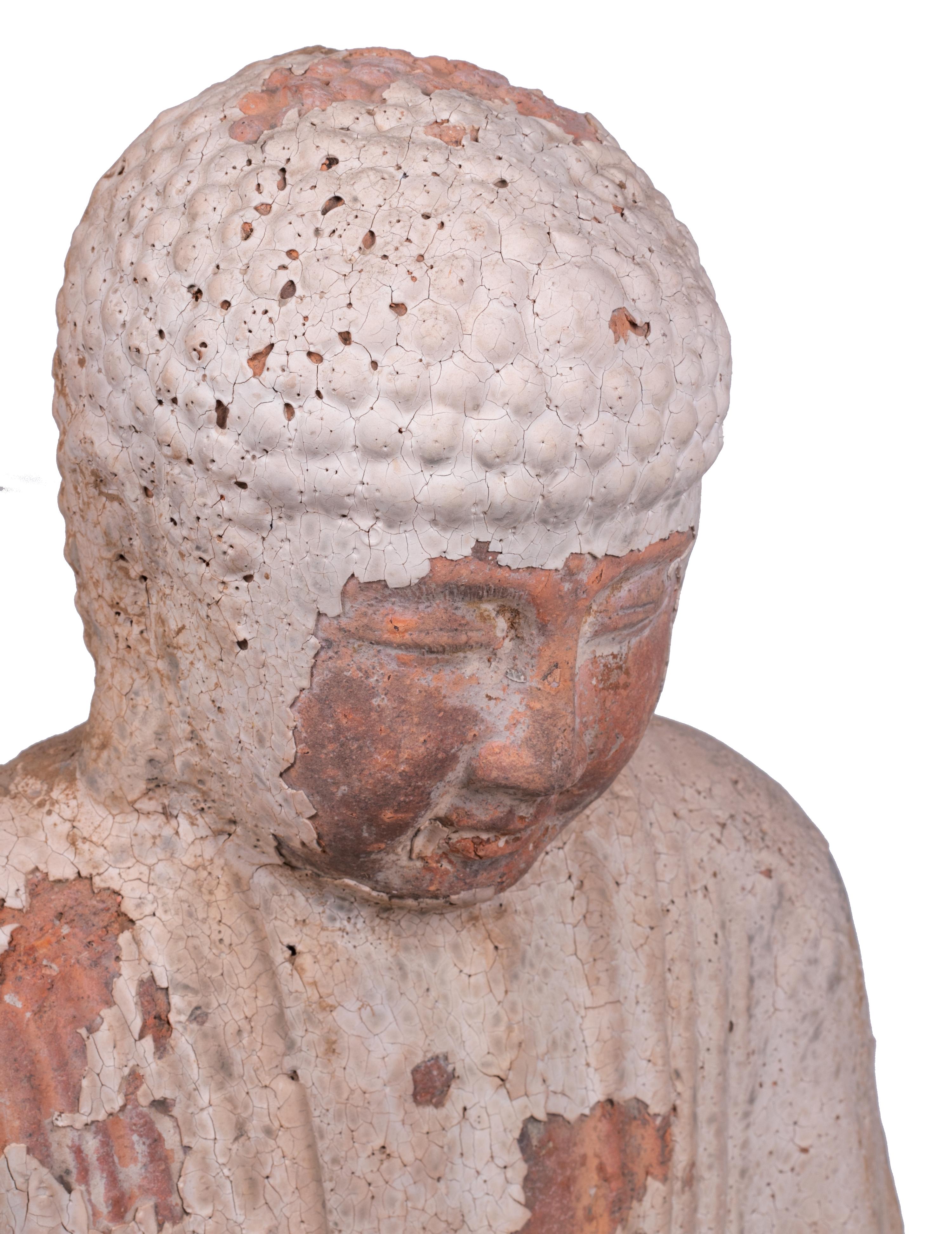Sitting Terracotta Buddha Sculpture with White Antique Finish 3
