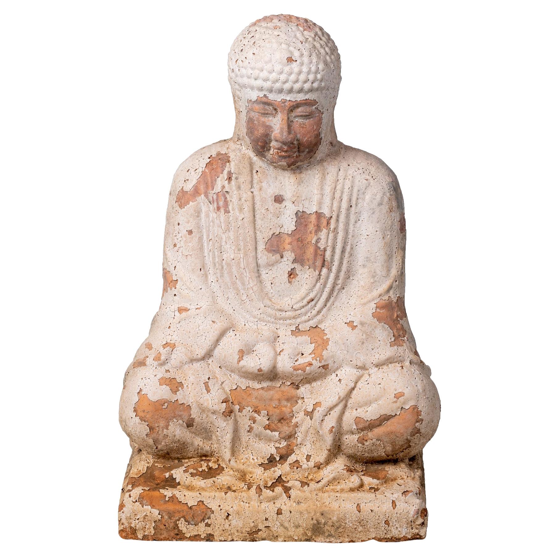 Sitting Terracotta Buddha Sculpture with White Antique Finish