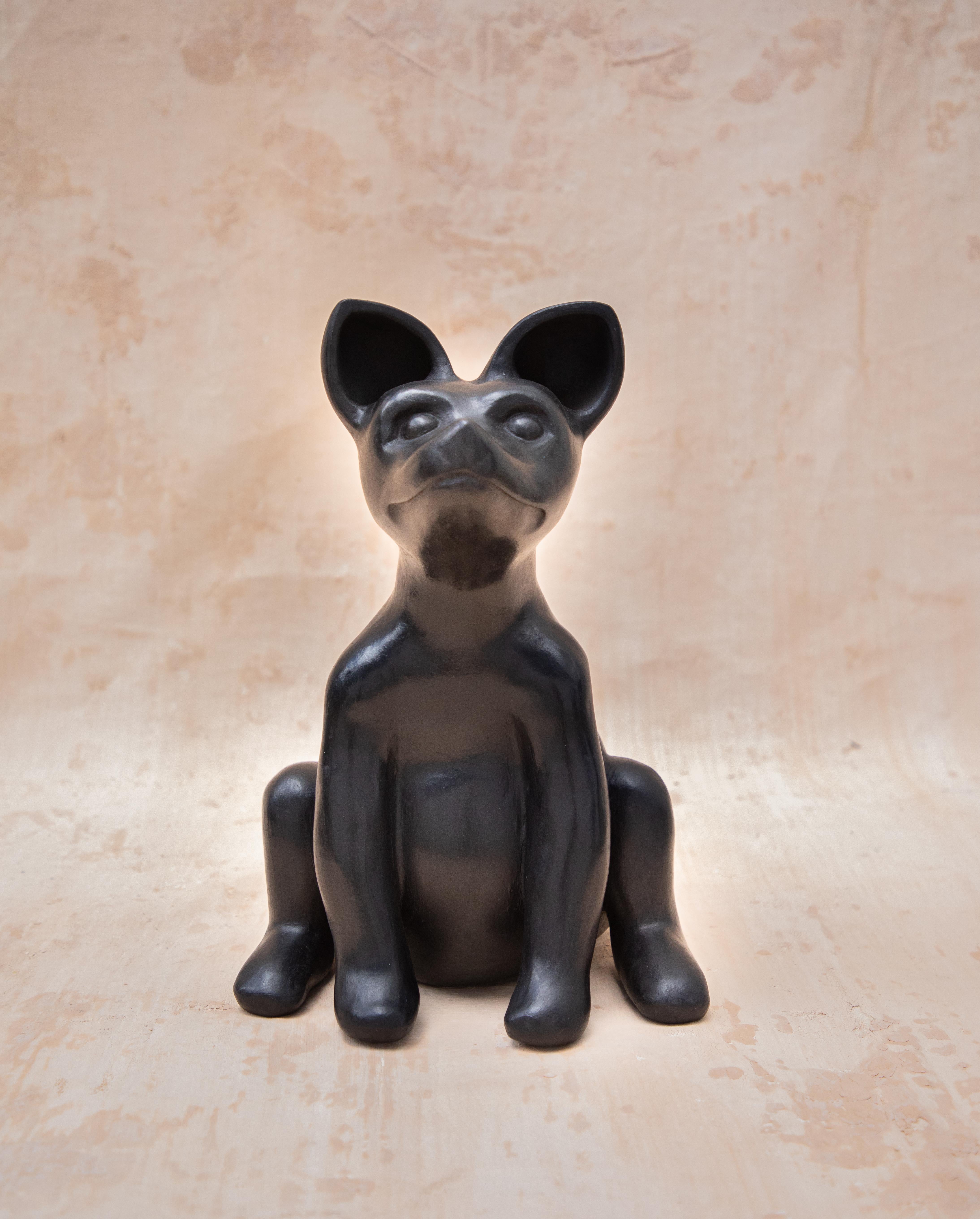Sitting Xolo by Onora
Dimensions: W 30 x H 25 cm.
Materials: clay, glazed pottery.

Xolo, short for xoloitzcuintle is a breed of dog that has long been a culturally-significant symbol in Mexico. These dogs were considered sacred by the Aztecs