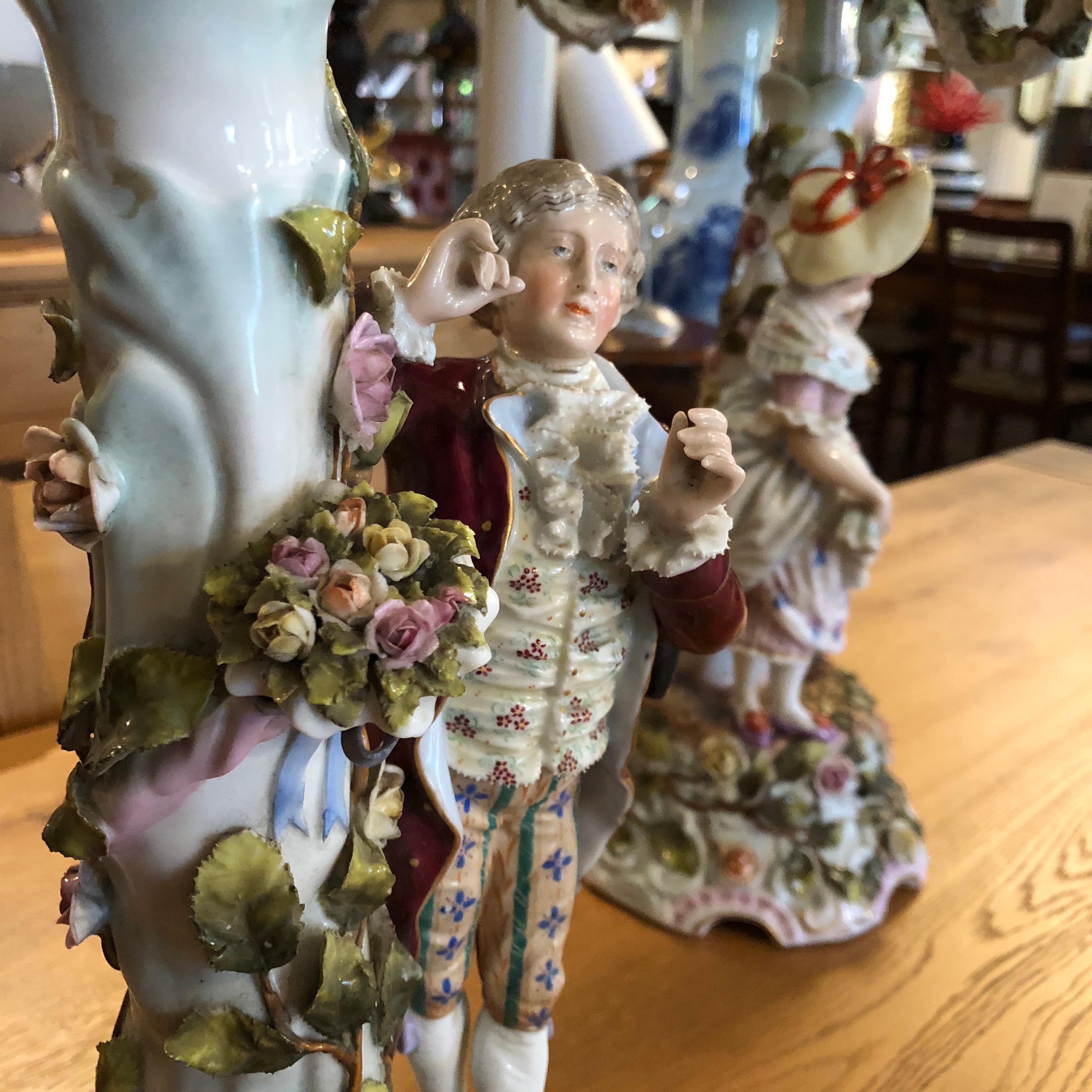 German Sitzendorf Dresden Porcelain Candelabras Figural Courting Pair, circa 1850 For Sale