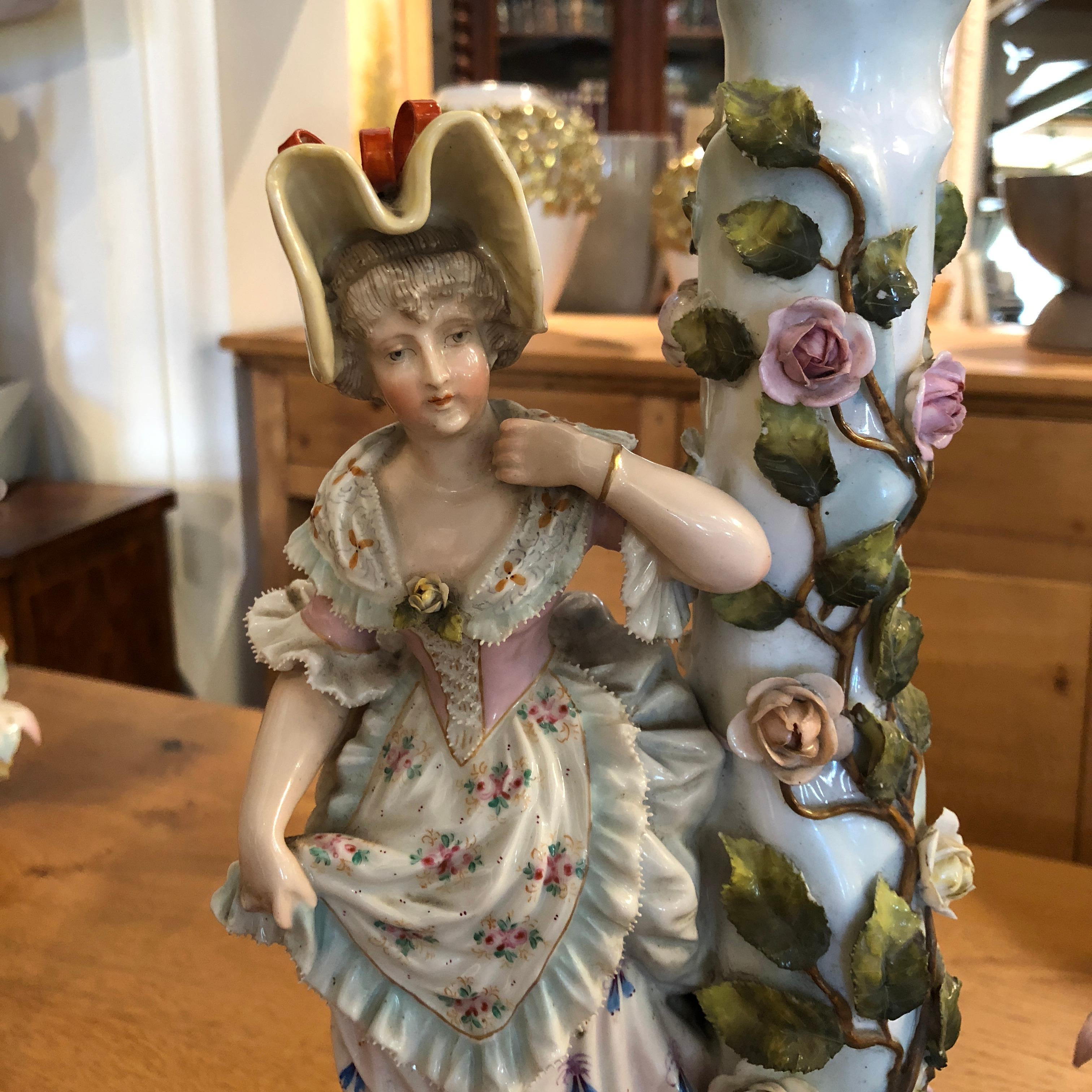 Hand-Painted Sitzendorf Dresden Porcelain Candelabras Figural Courting Pair, circa 1850 For Sale