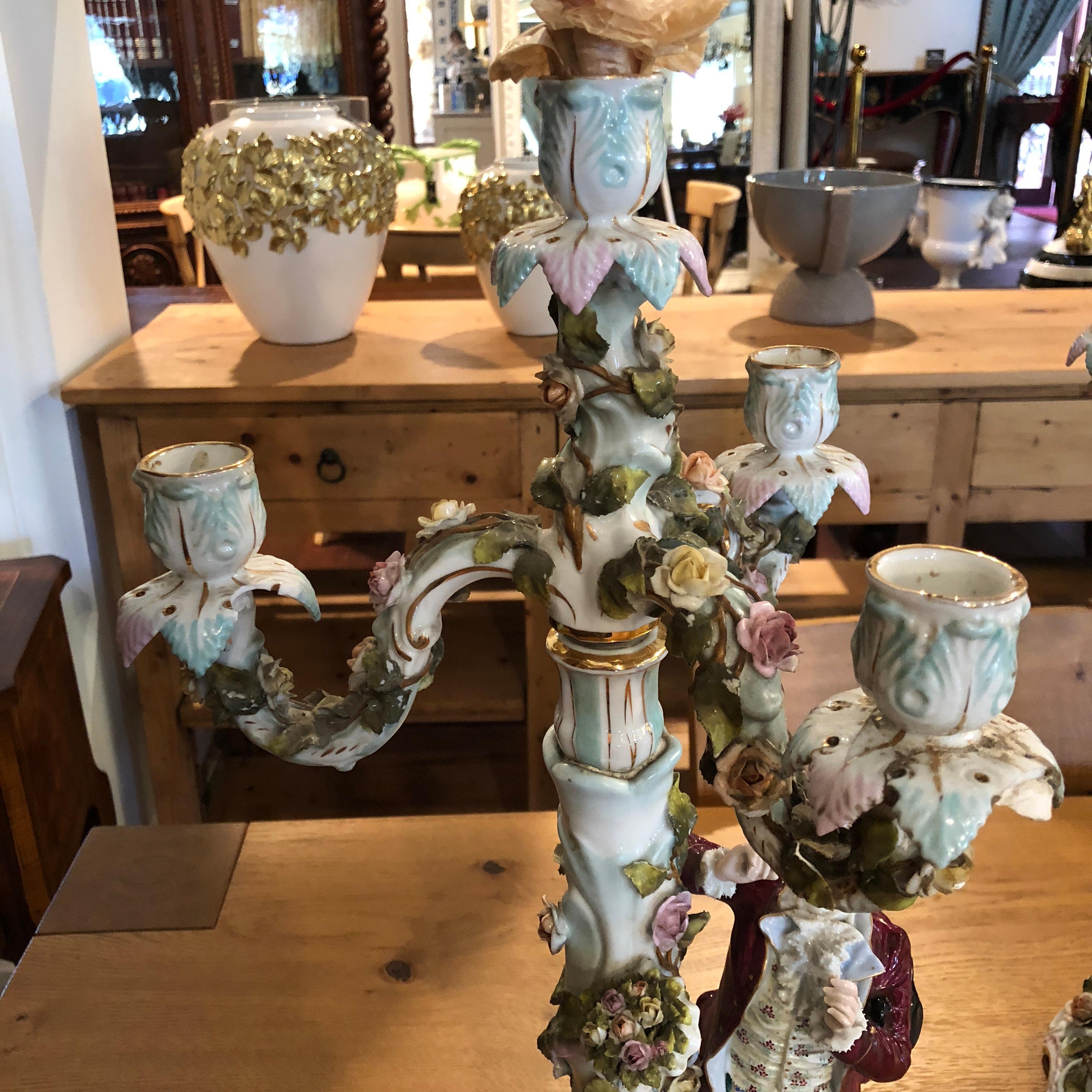Mid-19th Century Sitzendorf Dresden Porcelain Candelabras Figural Courting Pair, circa 1850 For Sale