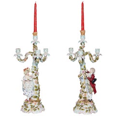 Sitzendorf Dresden Porcelain Candelabras Figural Courting Pair, circa 1850