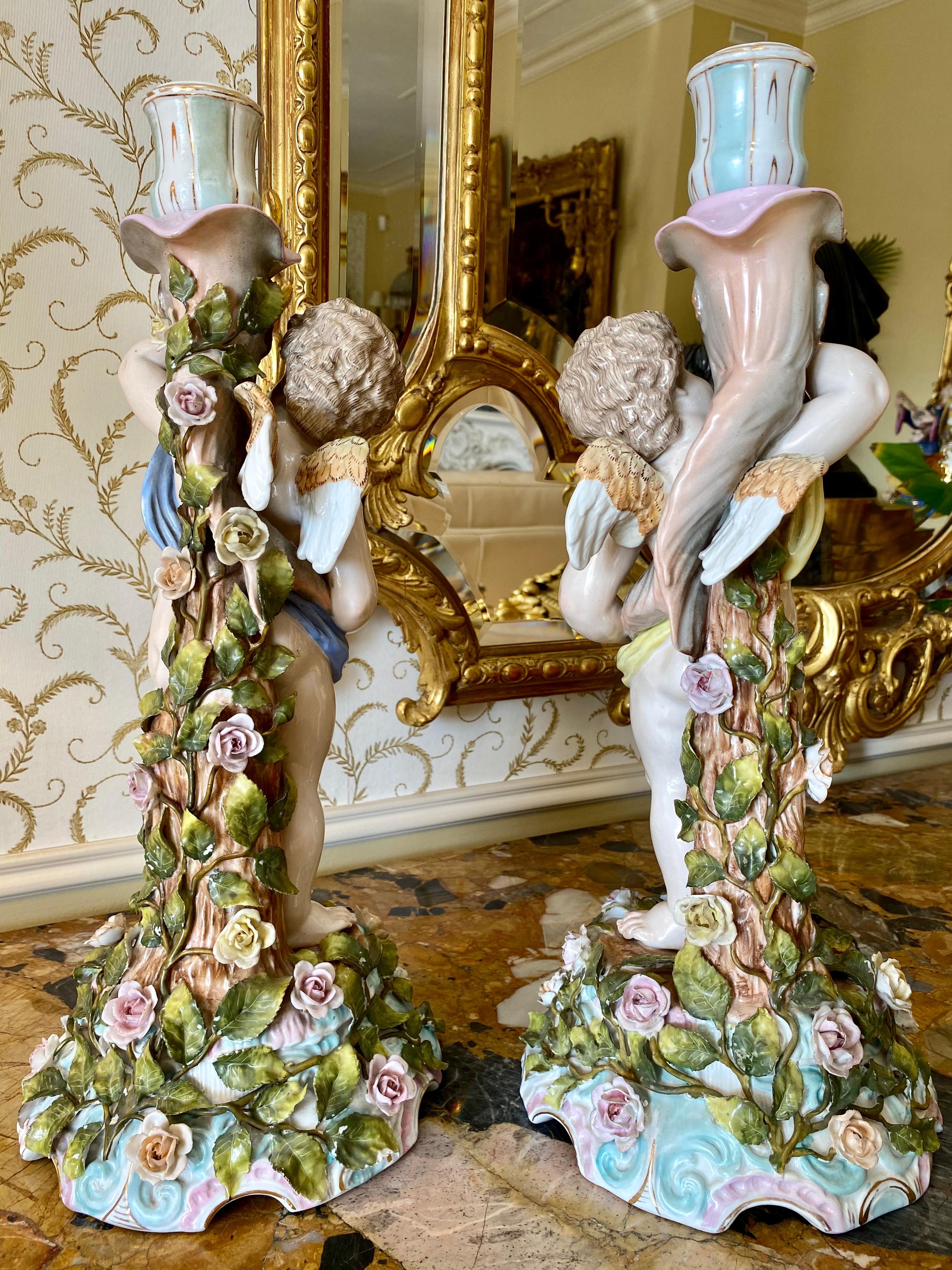 Sitzendorf, Pair of Venus & Cupid Porcelain Candlesticks, 19th Century For Sale 6