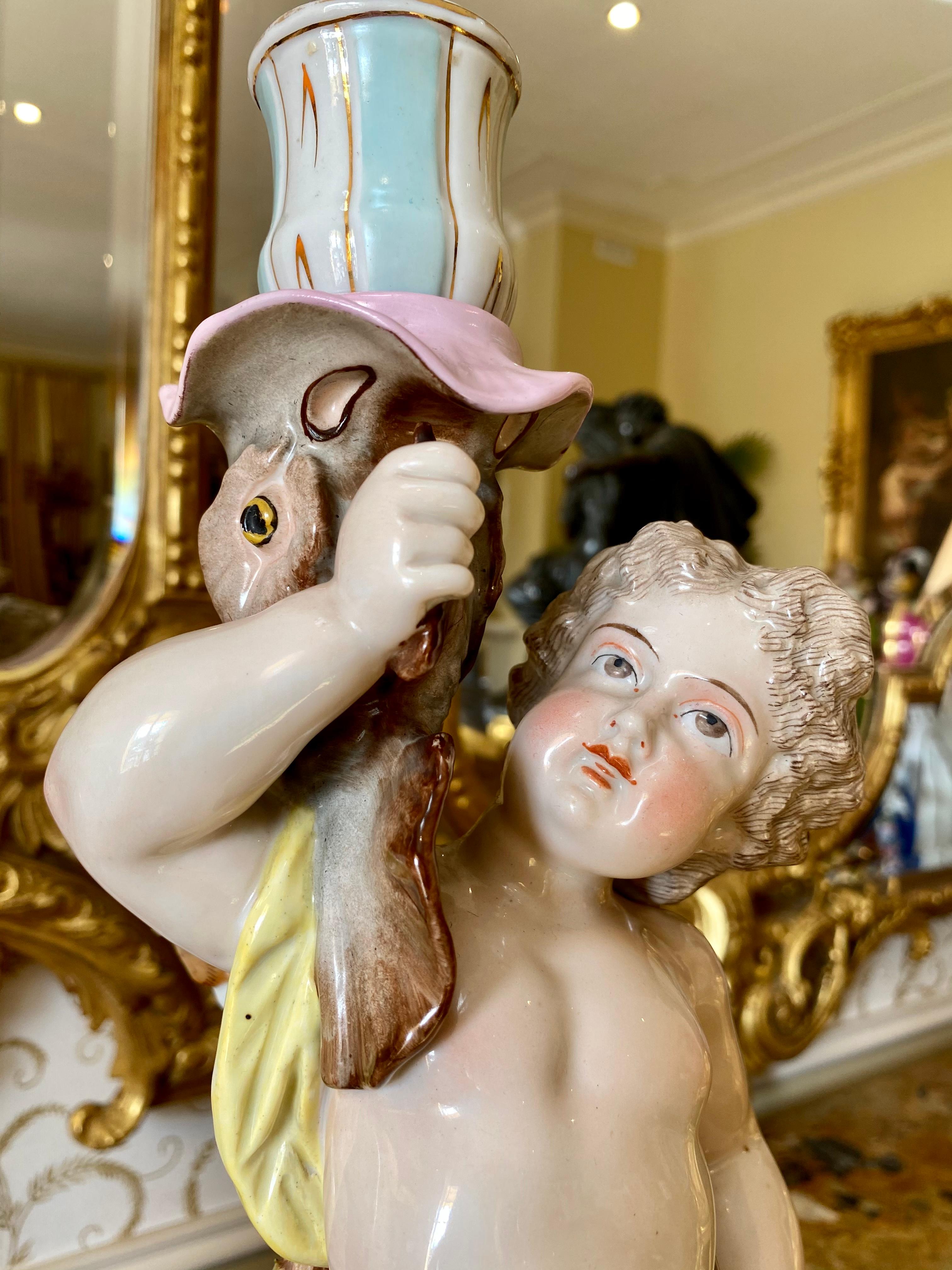 Sitzendorf, Pair of Venus & Cupid Porcelain Candlesticks, 19th Century For Sale 13