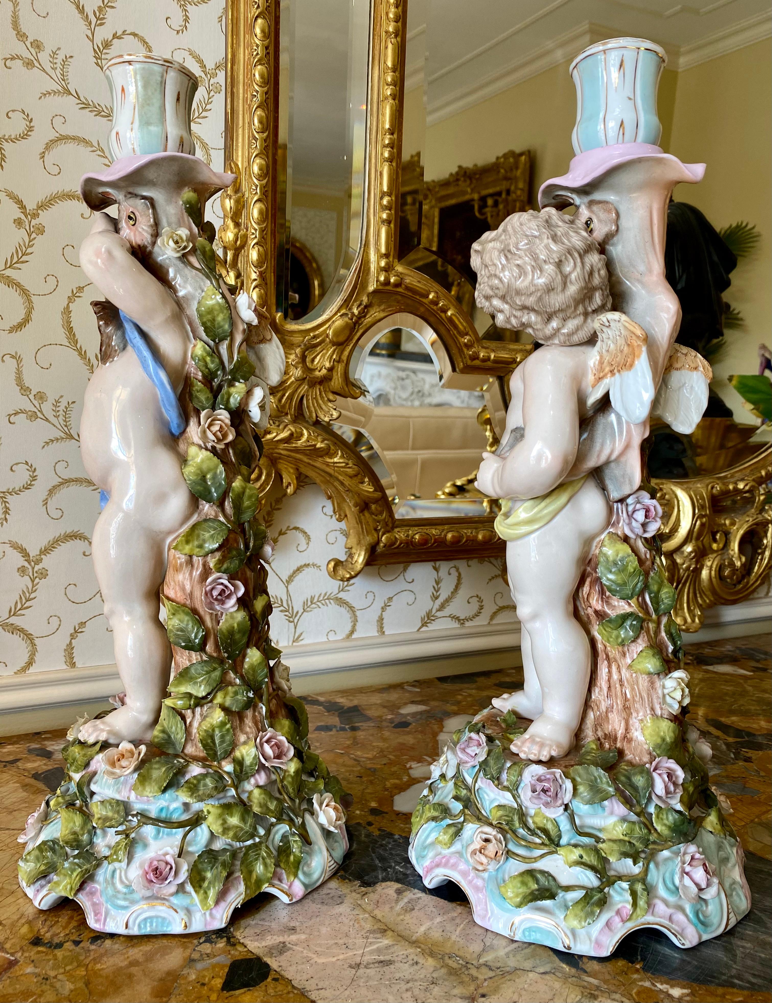 Sitzendorf, Pair of Venus & Cupid Porcelain Candlesticks, 19th Century For Sale 1