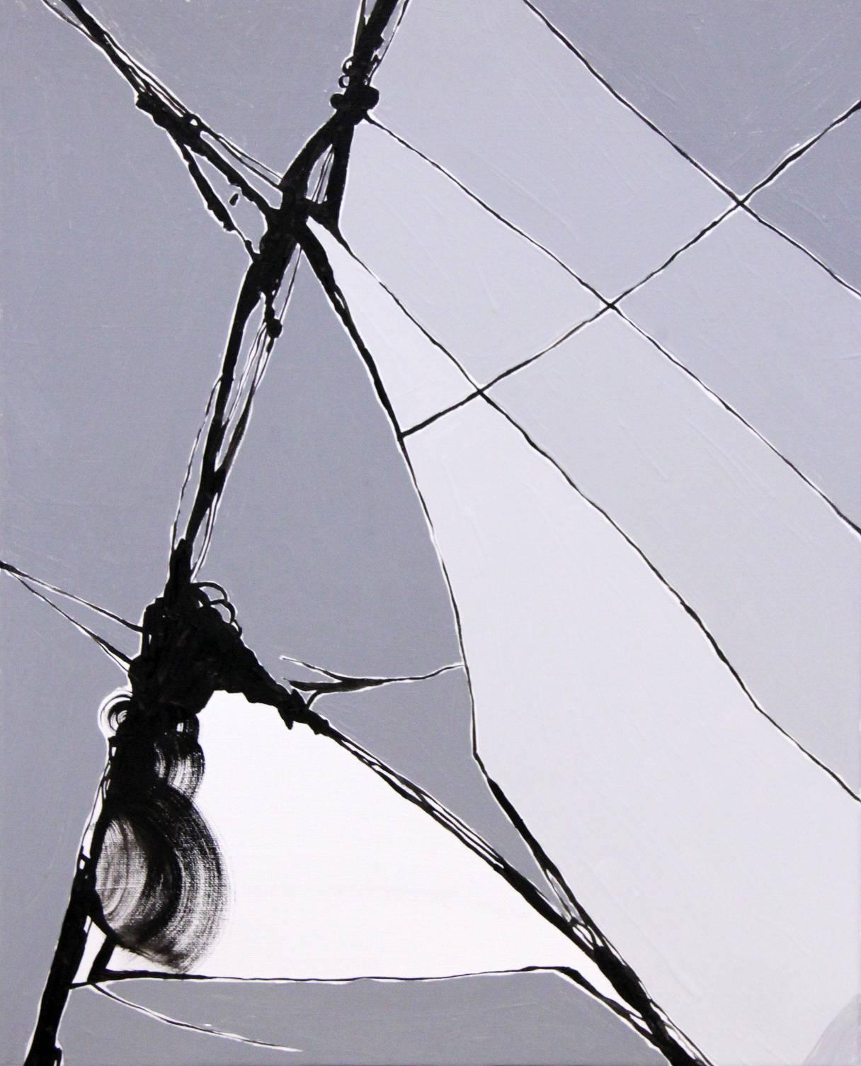 Sivan Dayan Abstract Painting - "Ok, Computer"" - grey abstract painting of broken glass