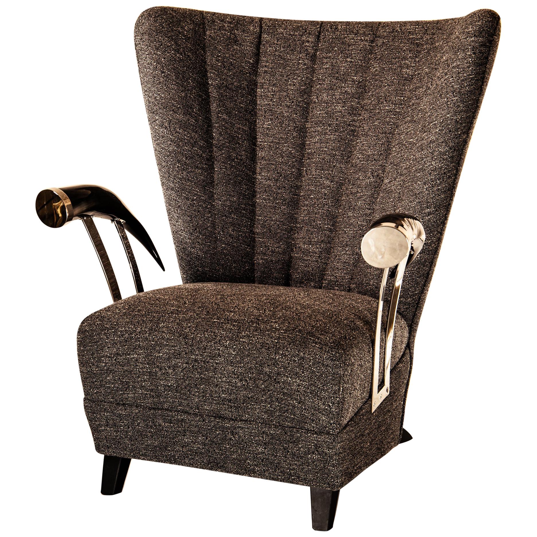 Siviglia Wingback Armchair, America Horn Arm-Rests, Plated Brass, Florence Made For Sale
