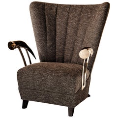 Siviglia Wingback Armchair, America Horn Arm-Rests, Plated Brass, Florence Made