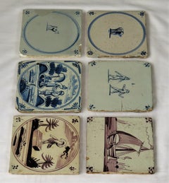 Six 18th Century Dutch Delft Ceramic Wall Tiles Blue and Manganese Hand Painted
