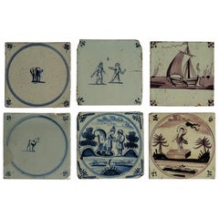 Six 18th Century Dutch Delft Ceramic Wall Tiles Blue and Manganese Hand Painted