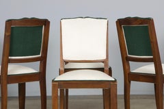 Six 1920s French Art Deco Mustache Back Dining Chairs In Off-White and Green