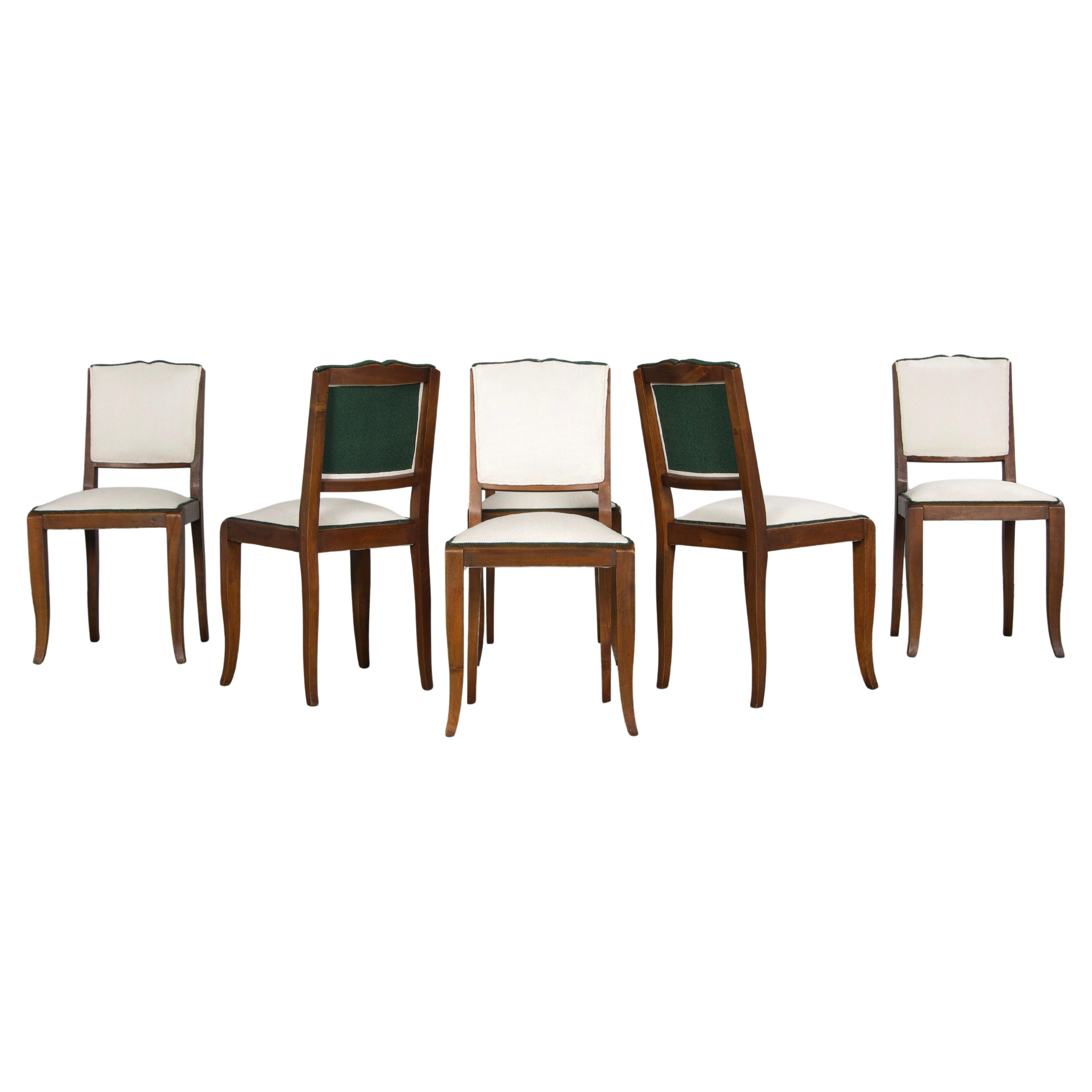 Six 1920s French Art Deco Mustache Back Dining Chairs In Off-White and Green