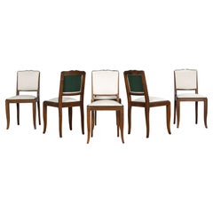 Six 1920s French Art Deco Mustache Back Dining Chairs In Off-White and Green