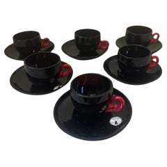 Six 1930 Art Deco Red and Black Murano Glass Coffee Cups by Napoleone Martinuzzi