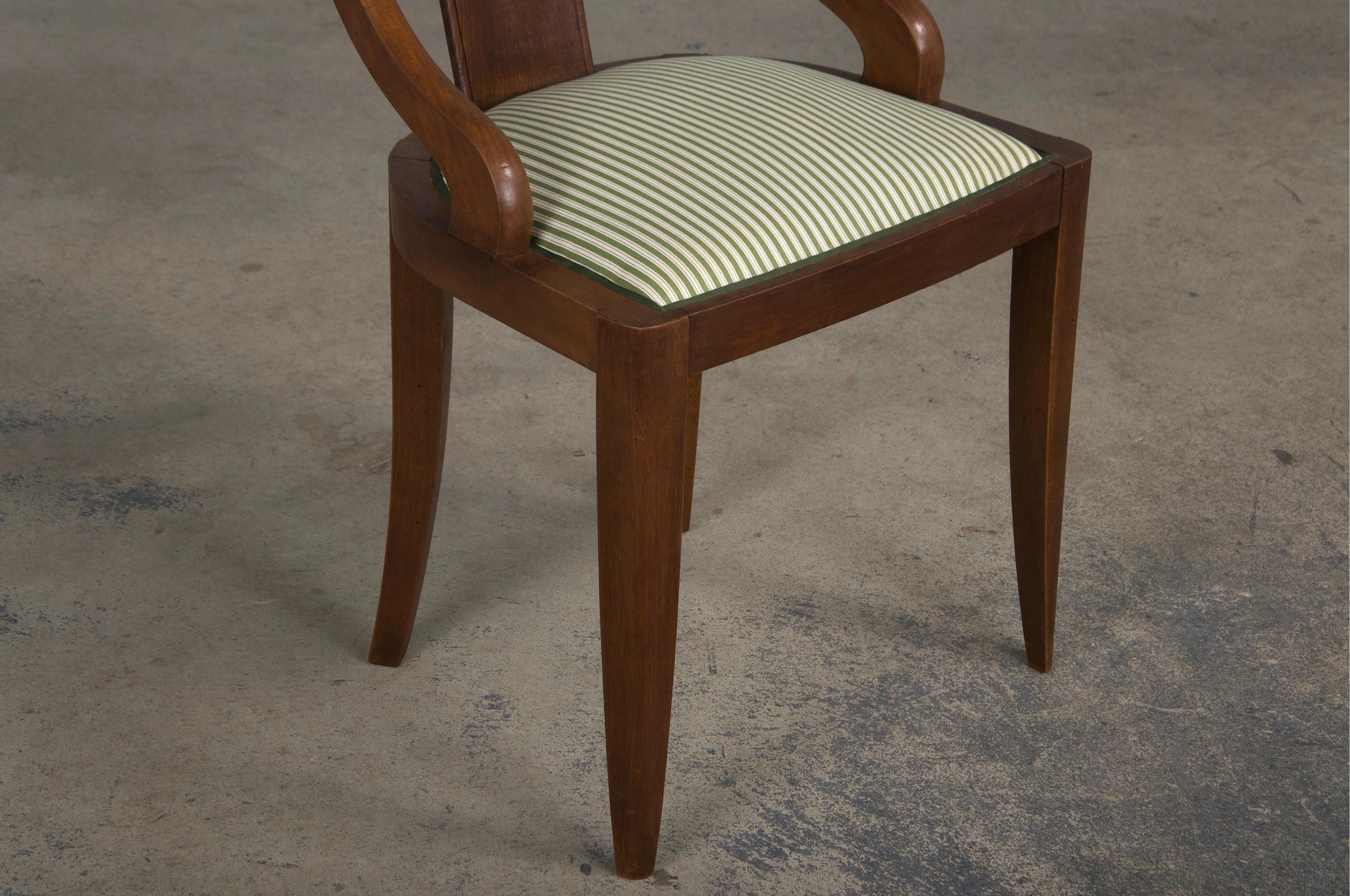 Six 1930s French Art Deco Gondola Walnut Dining Chairs W/ Striped Green Fabric For Sale 5