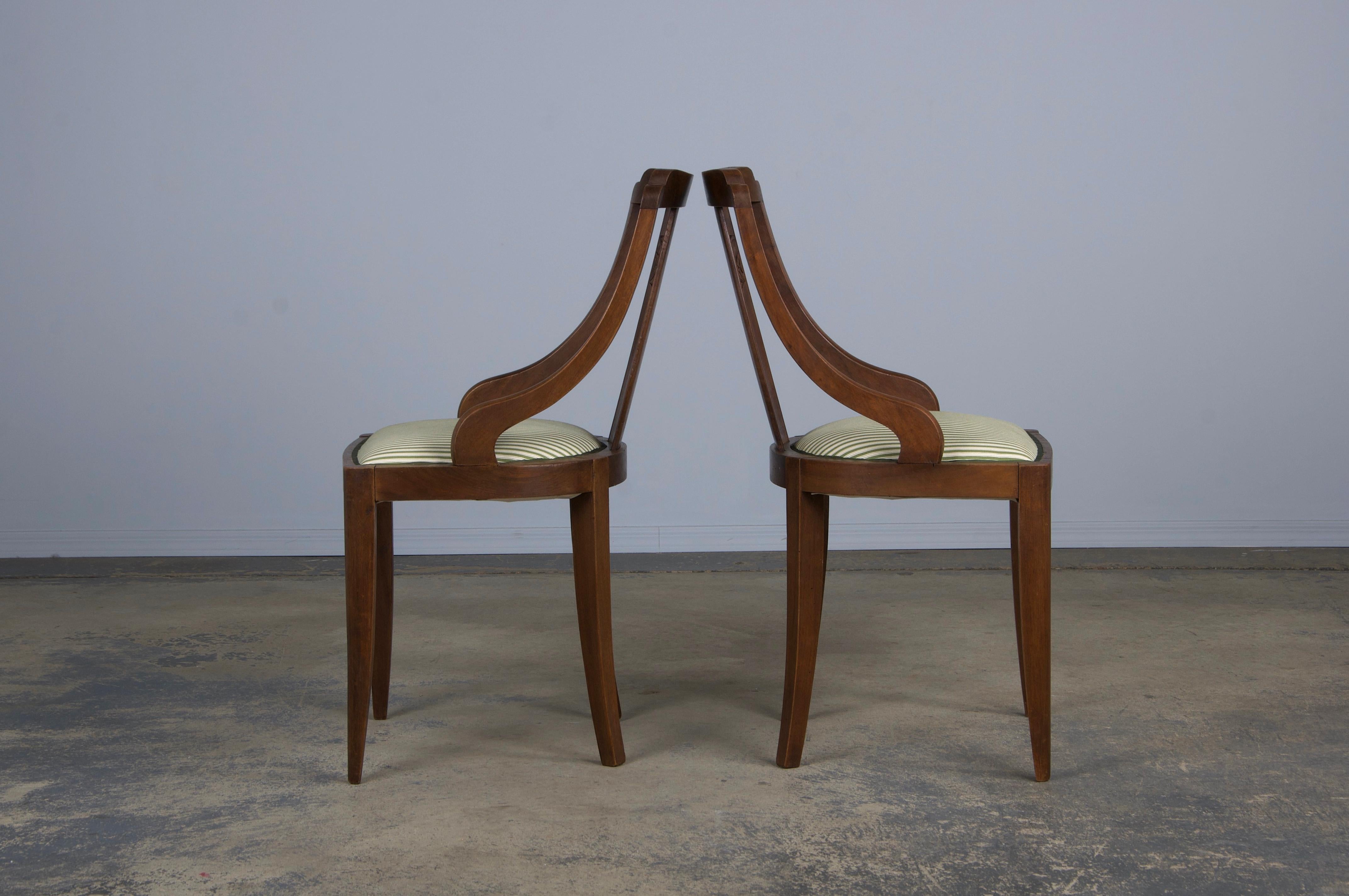 Six 1930s French Art Deco Gondola Walnut Dining Chairs W/ Striped Green Fabric For Sale 7