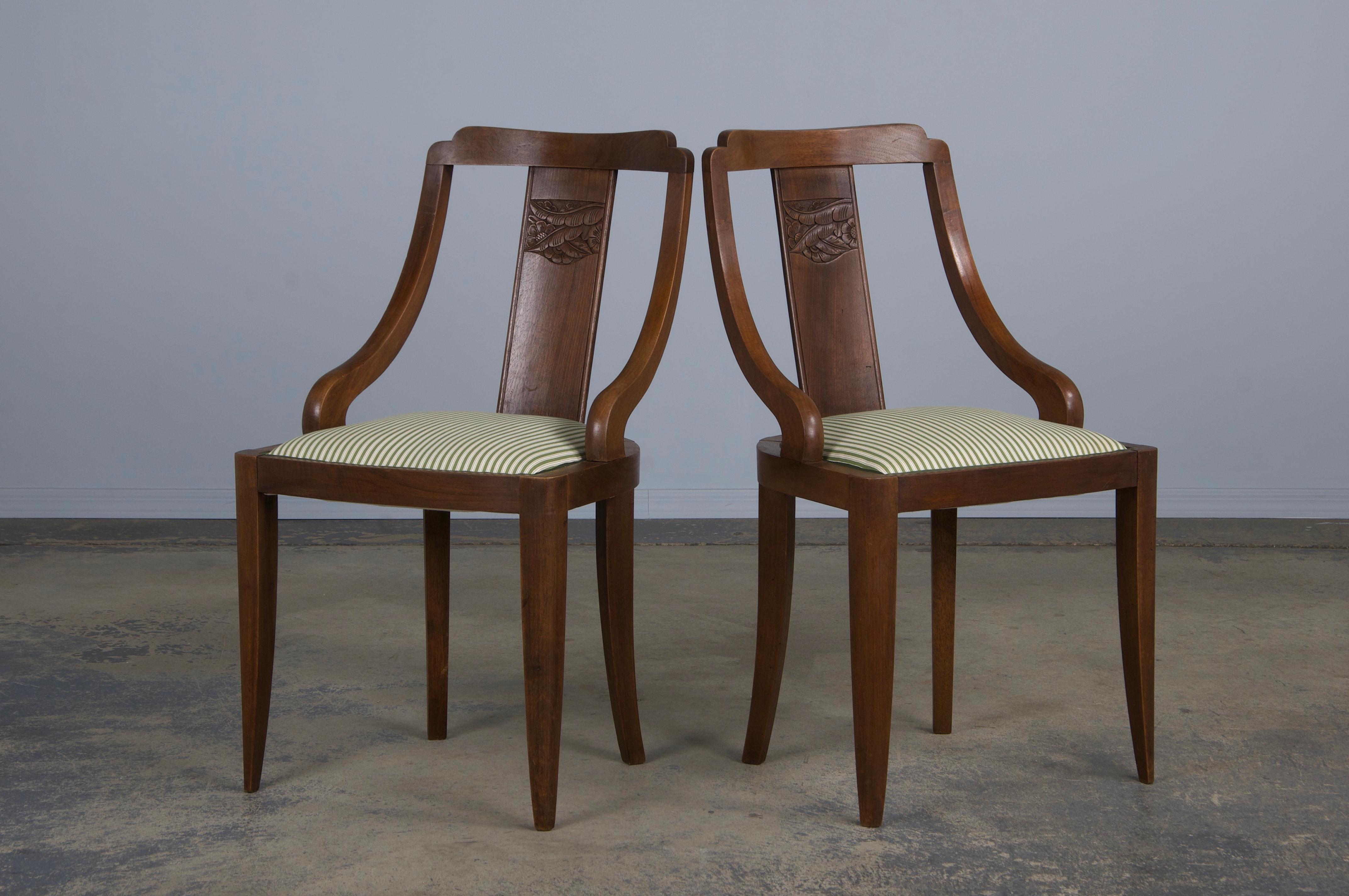 Six 1930s French Art Deco Gondola Walnut Dining Chairs W/ Striped Green Fabric For Sale 8