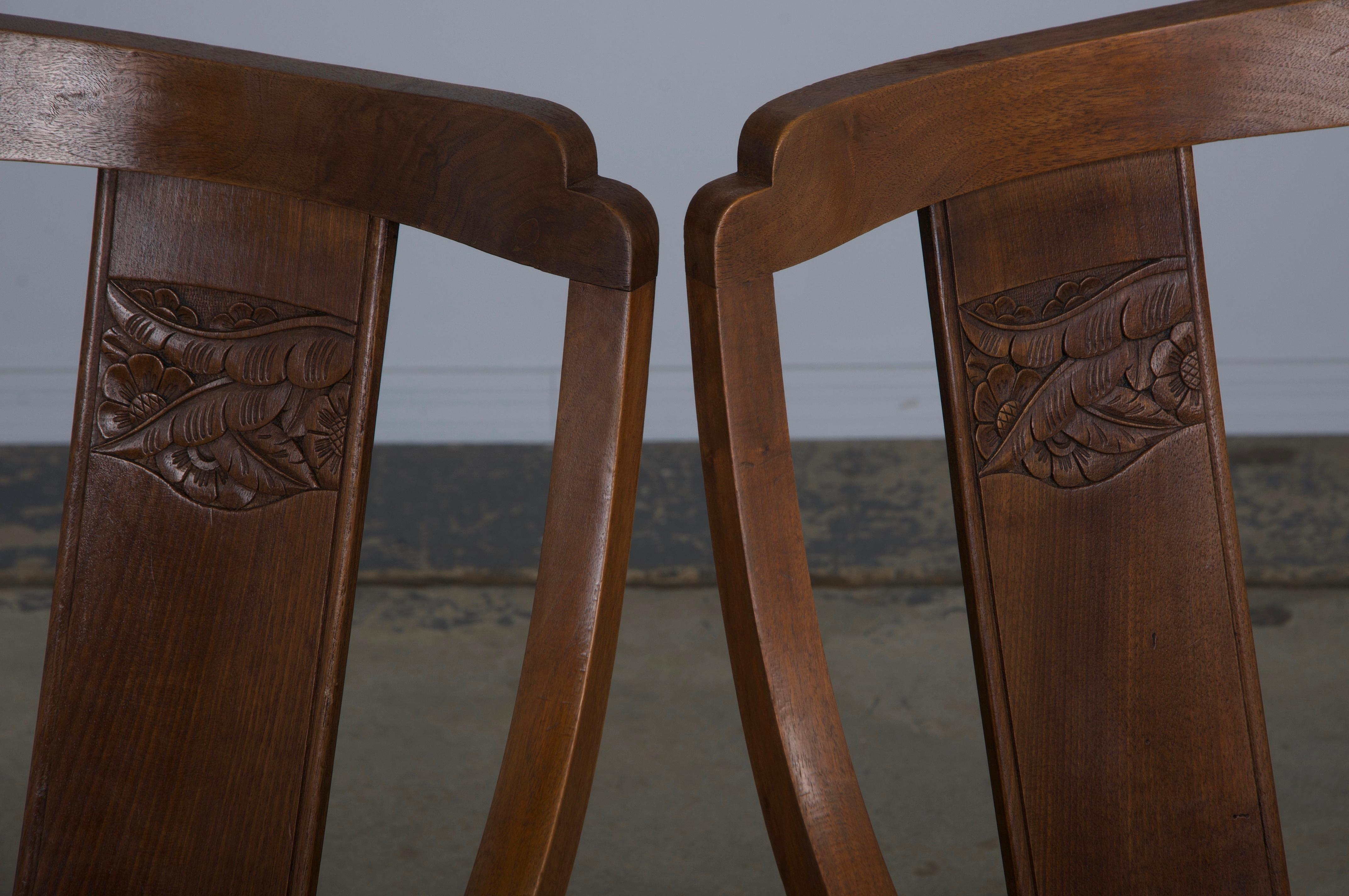 Six 1930s French Art Deco Gondola Walnut Dining Chairs W/ Striped Green Fabric For Sale 9