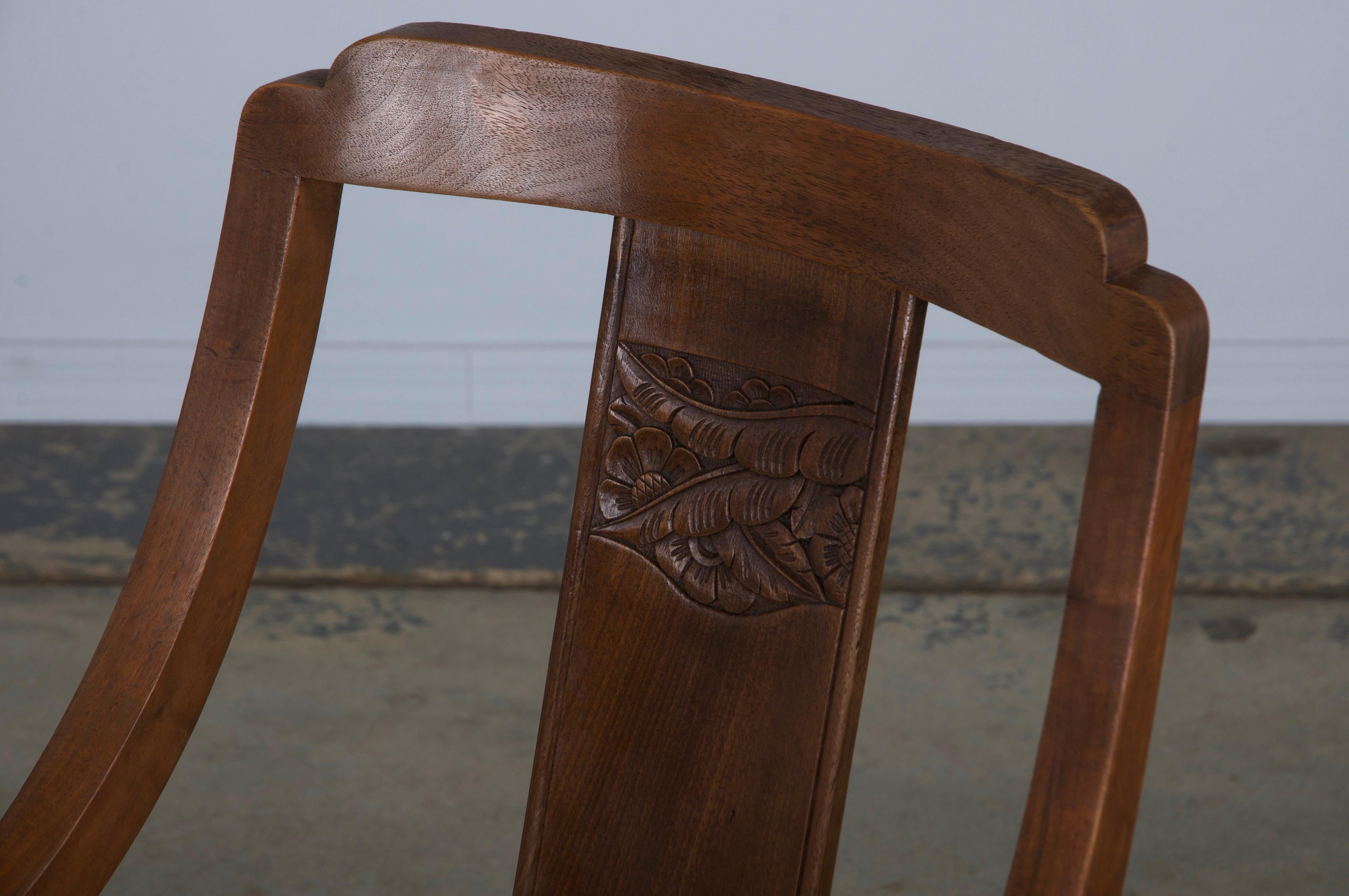 Six 1930s French Art Deco Gondola Walnut Dining Chairs W/ Striped Green Fabric For Sale 10