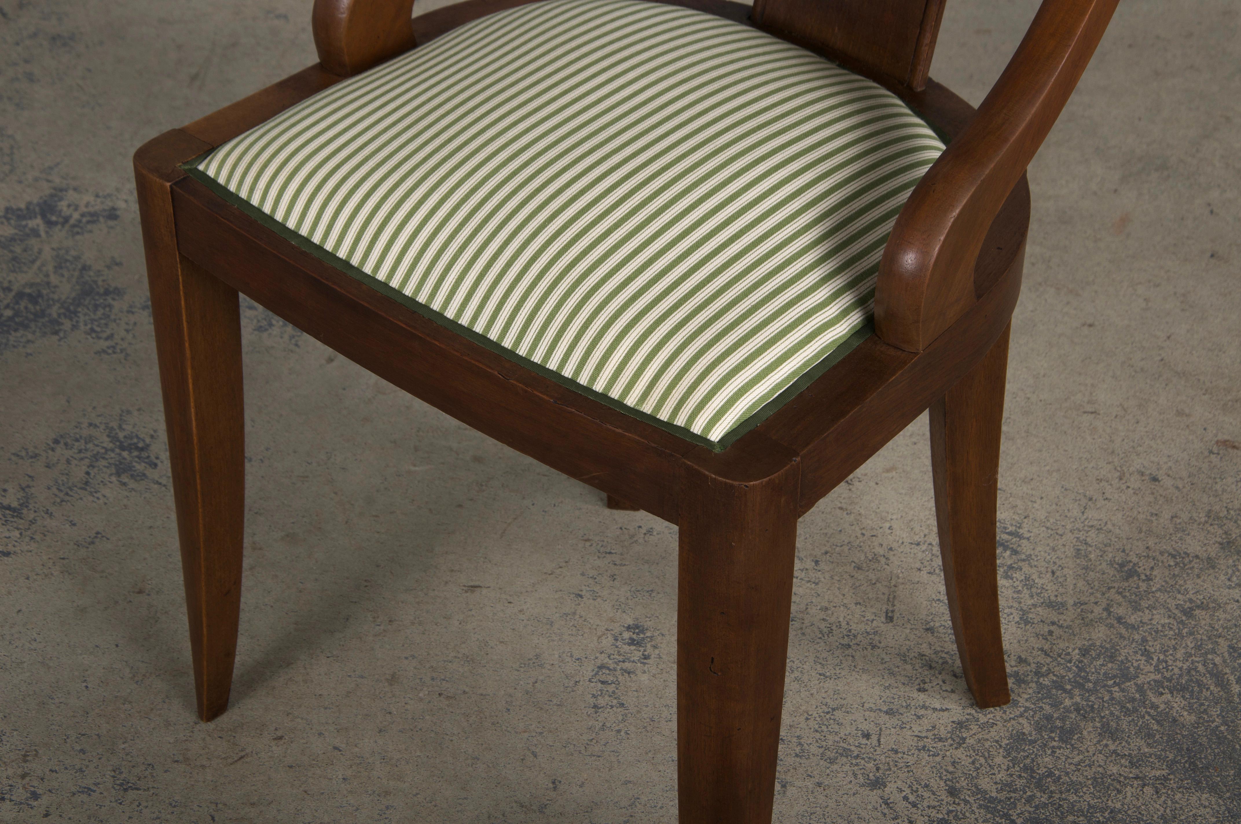 Six 1930s French Art Deco Gondola Walnut Dining Chairs W/ Striped Green Fabric For Sale 11