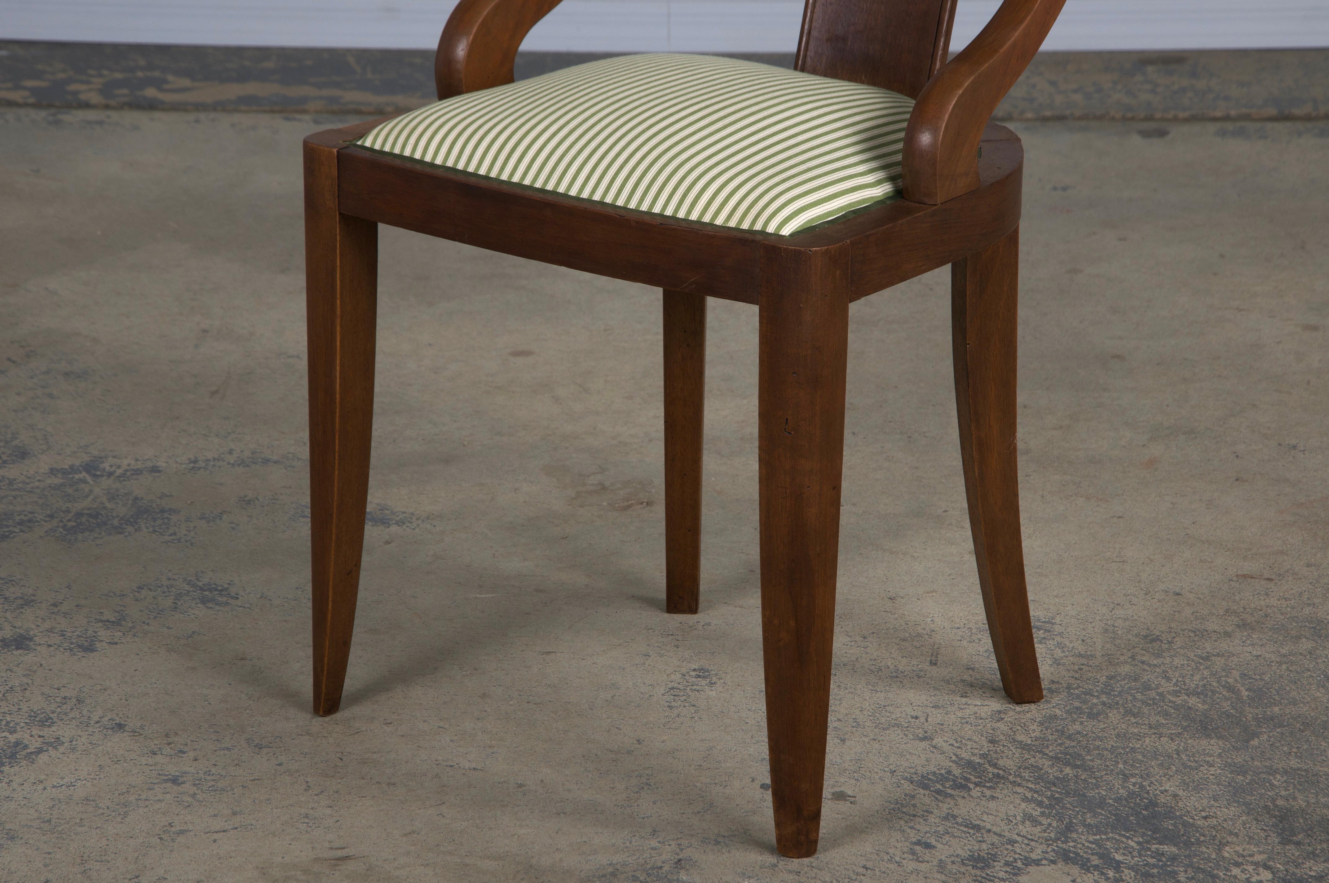 Six 1930s French Art Deco Gondola Walnut Dining Chairs W/ Striped Green Fabric For Sale 12