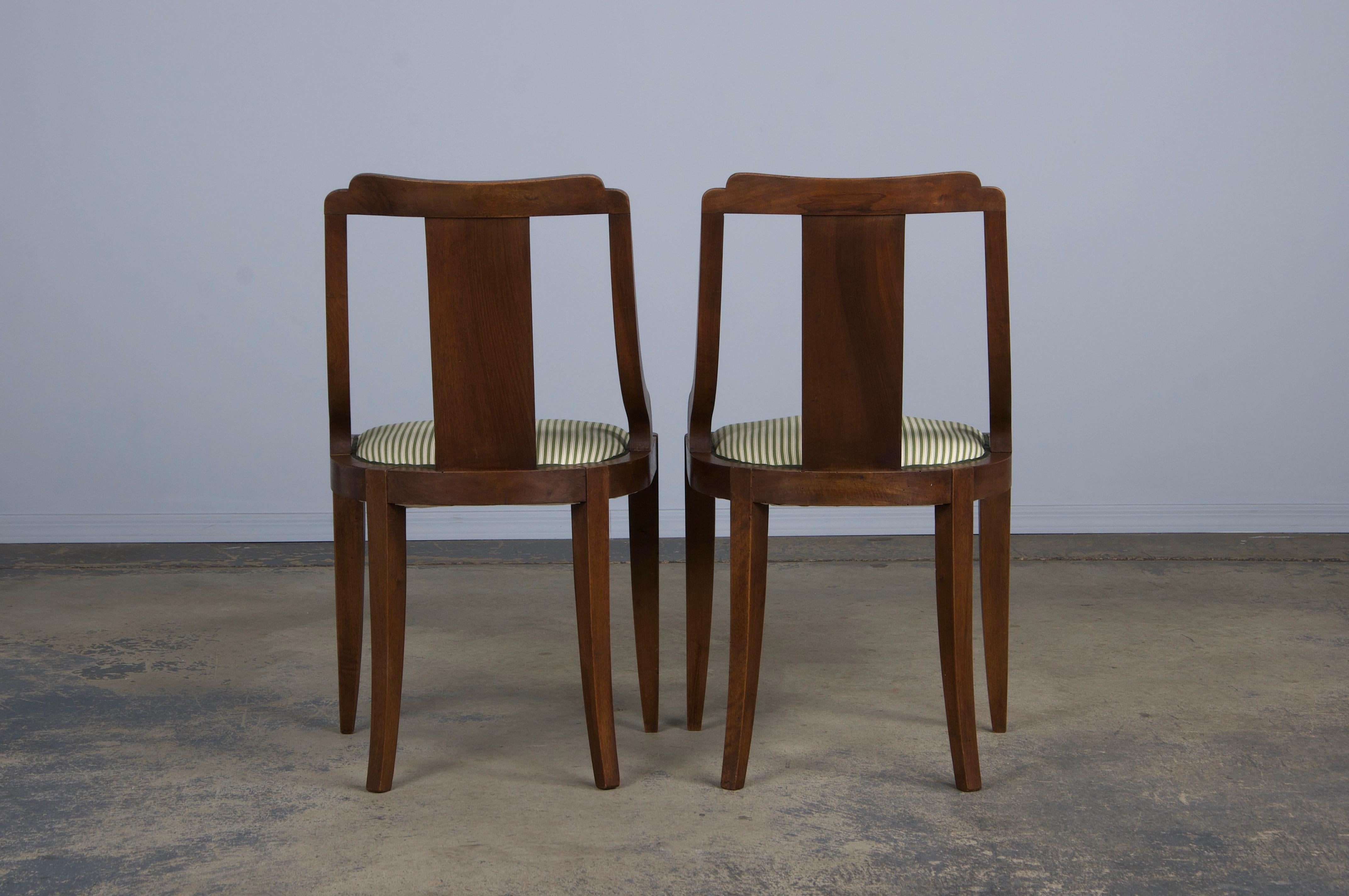 Six 1930s French Art Deco Gondola Walnut Dining Chairs W/ Striped Green Fabric For Sale 13