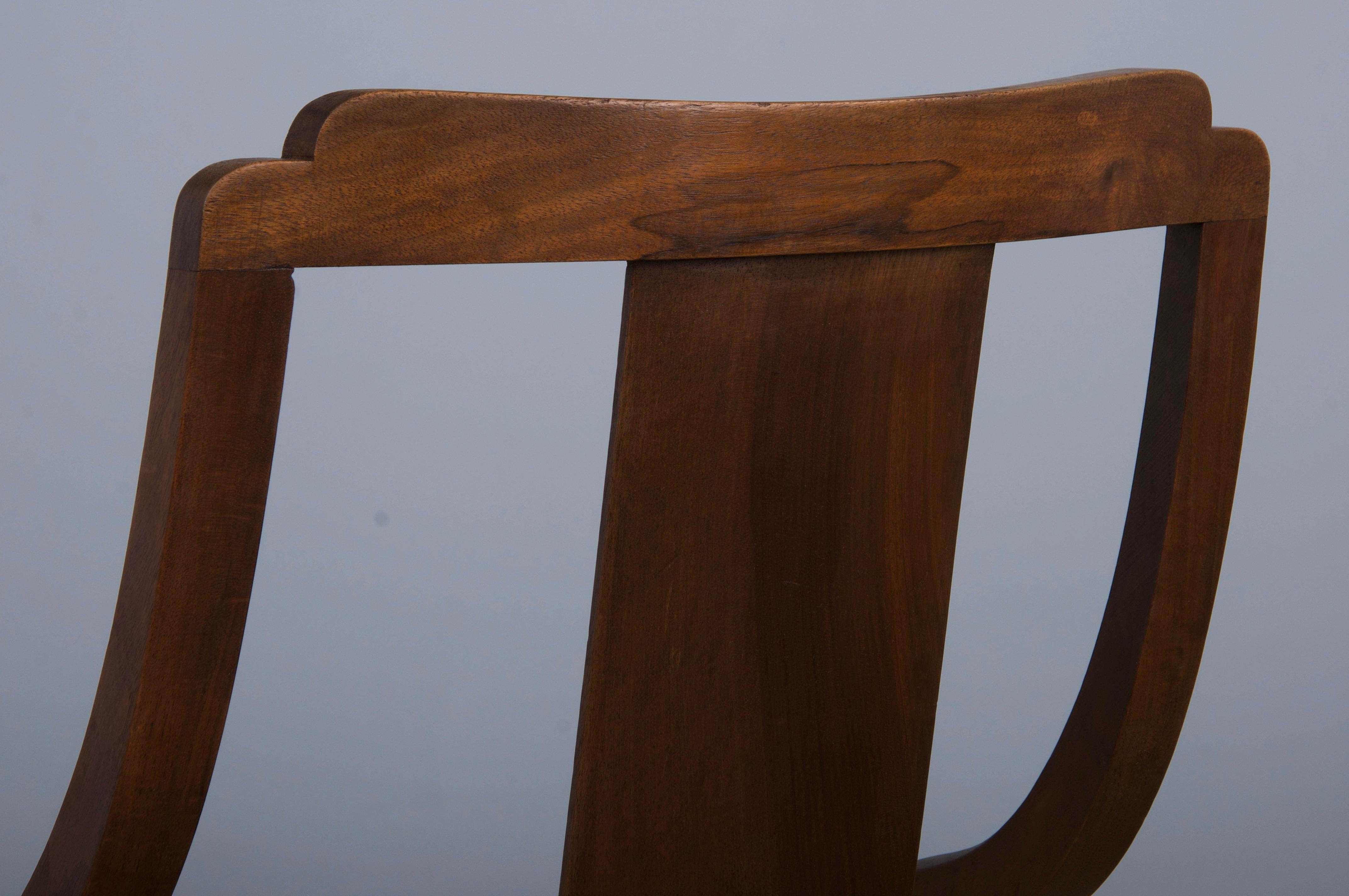 Six 1930s French Art Deco Gondola Walnut Dining Chairs W/ Striped Green Fabric For Sale 14