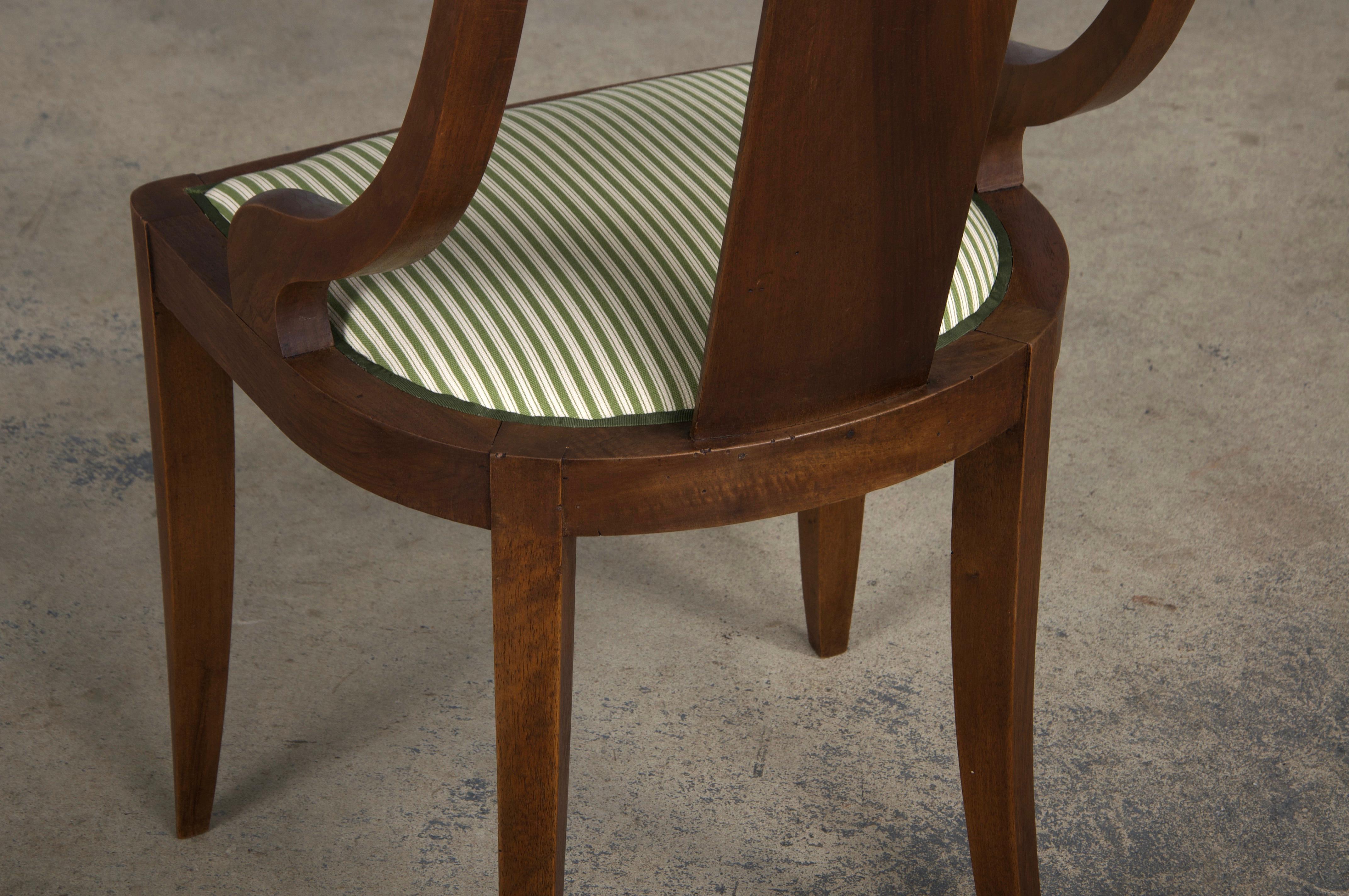 Six 1930s French Art Deco Gondola Walnut Dining Chairs W/ Striped Green Fabric For Sale 15