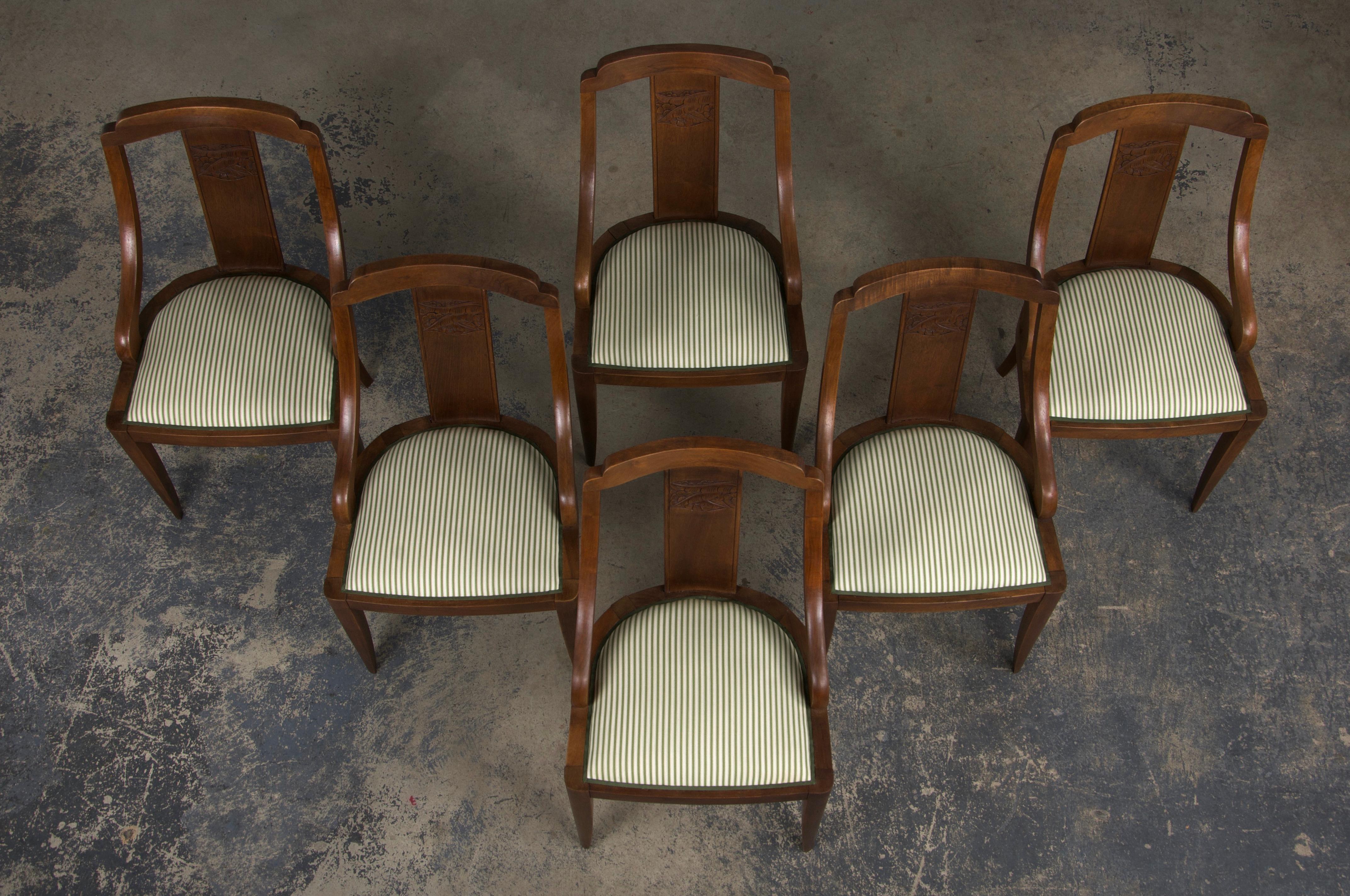 Hand-Carved Six 1930s French Art Deco Gondola Walnut Dining Chairs W/ Striped Green Fabric For Sale