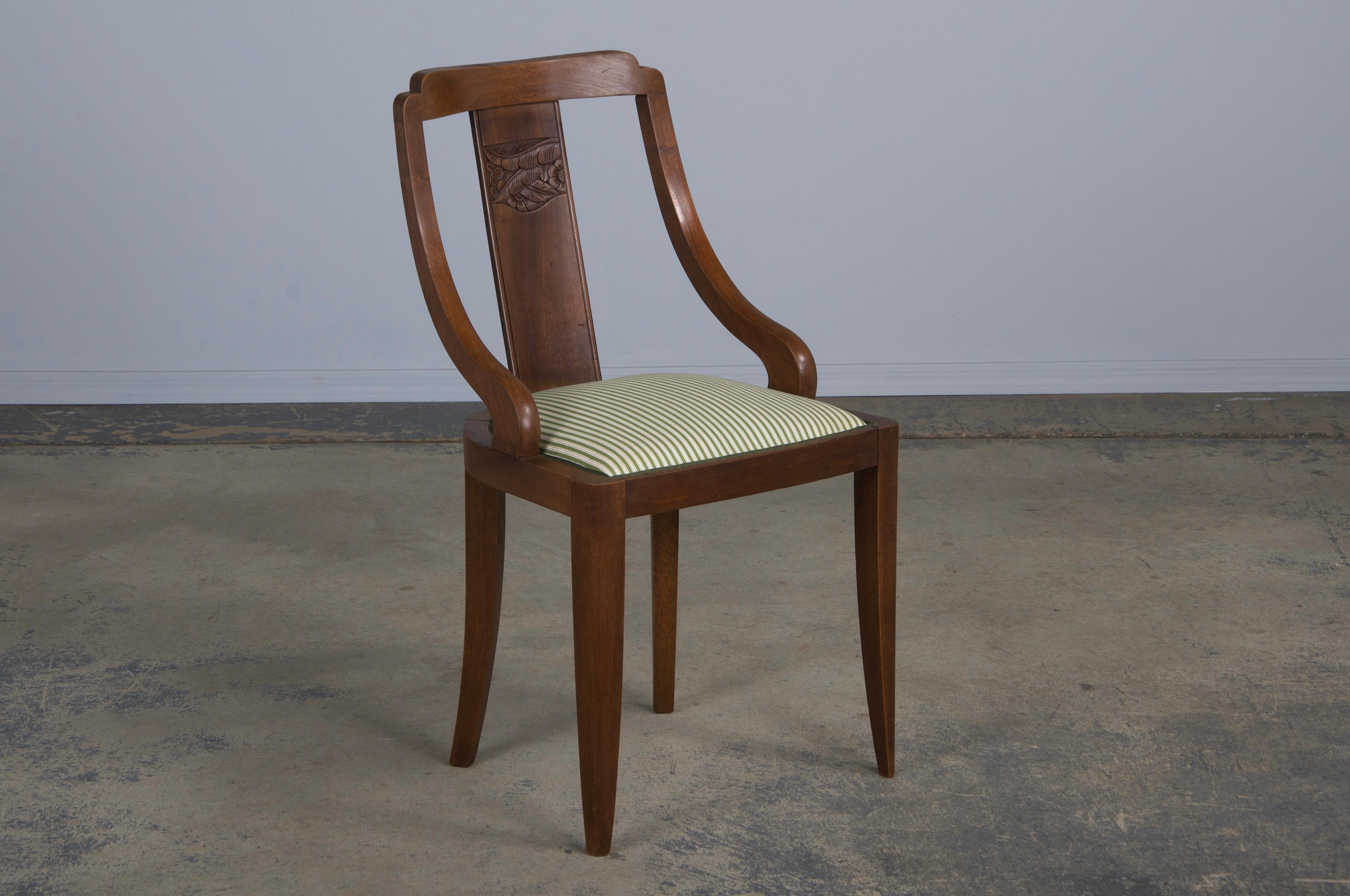 Six 1930s French Art Deco Gondola Walnut Dining Chairs W/ Striped Green Fabric For Sale 2