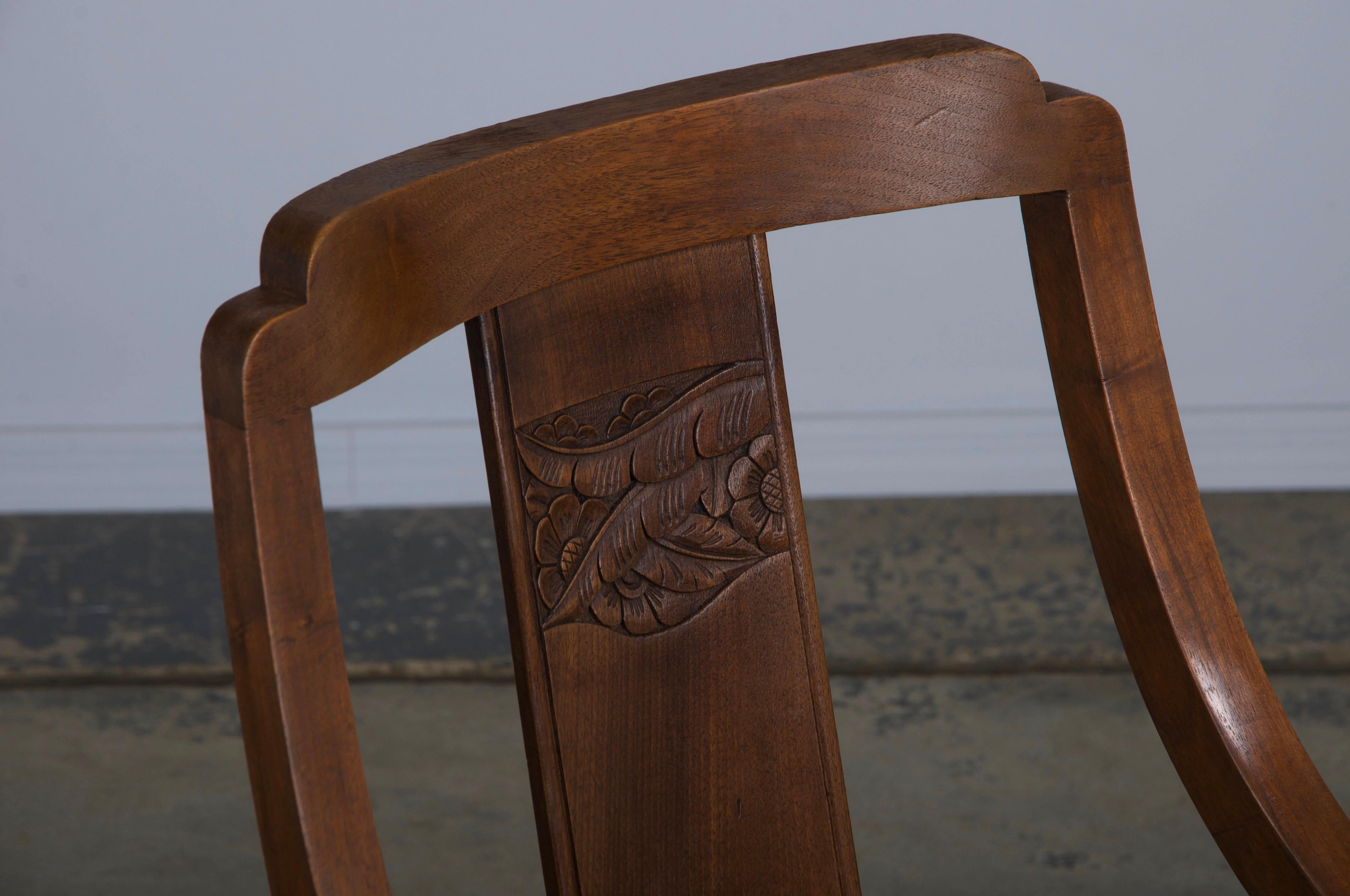 Six 1930s French Art Deco Gondola Walnut Dining Chairs W/ Striped Green Fabric For Sale 3