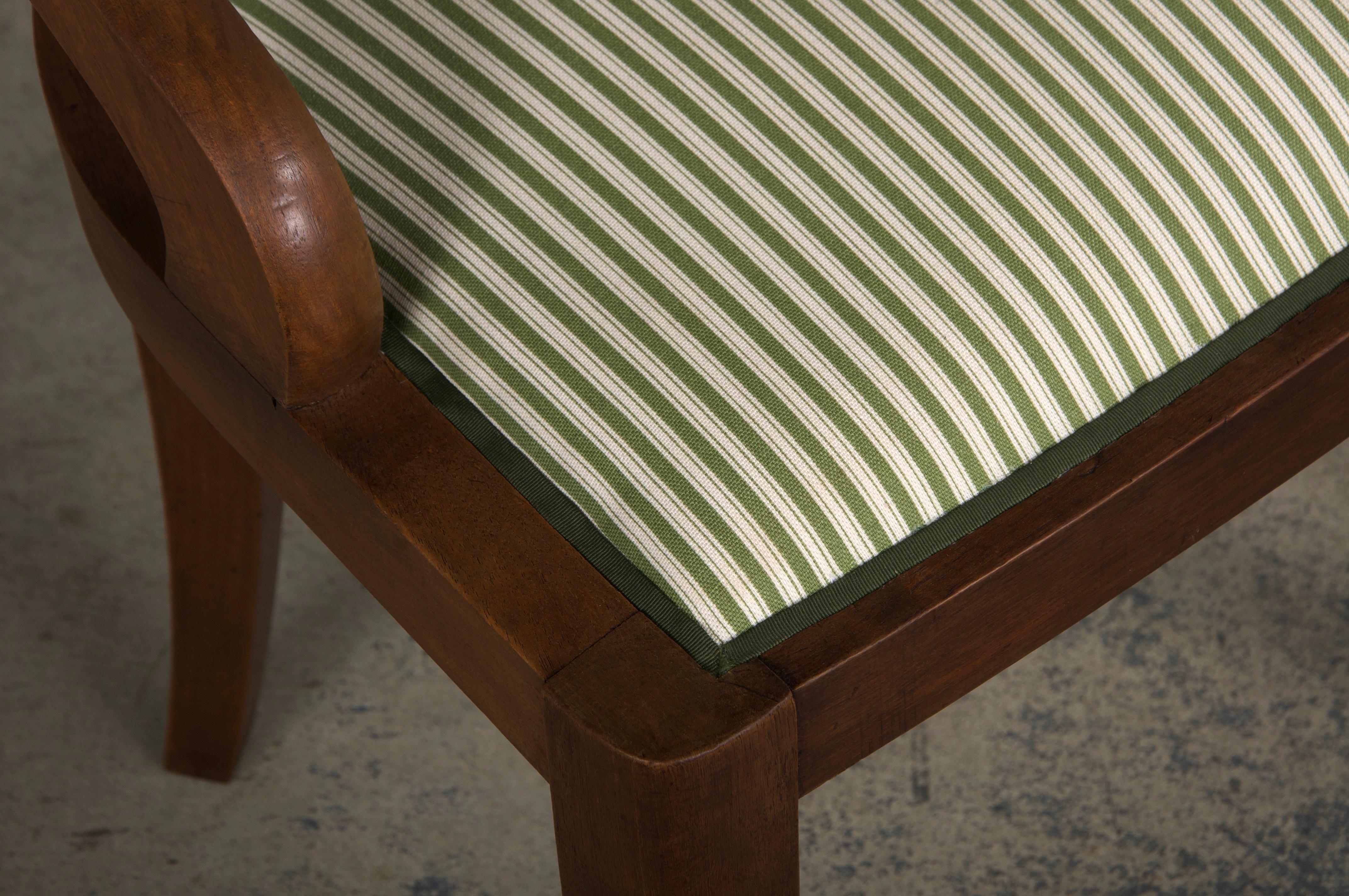 Six 1930s French Art Deco Gondola Walnut Dining Chairs W/ Striped Green Fabric For Sale 4