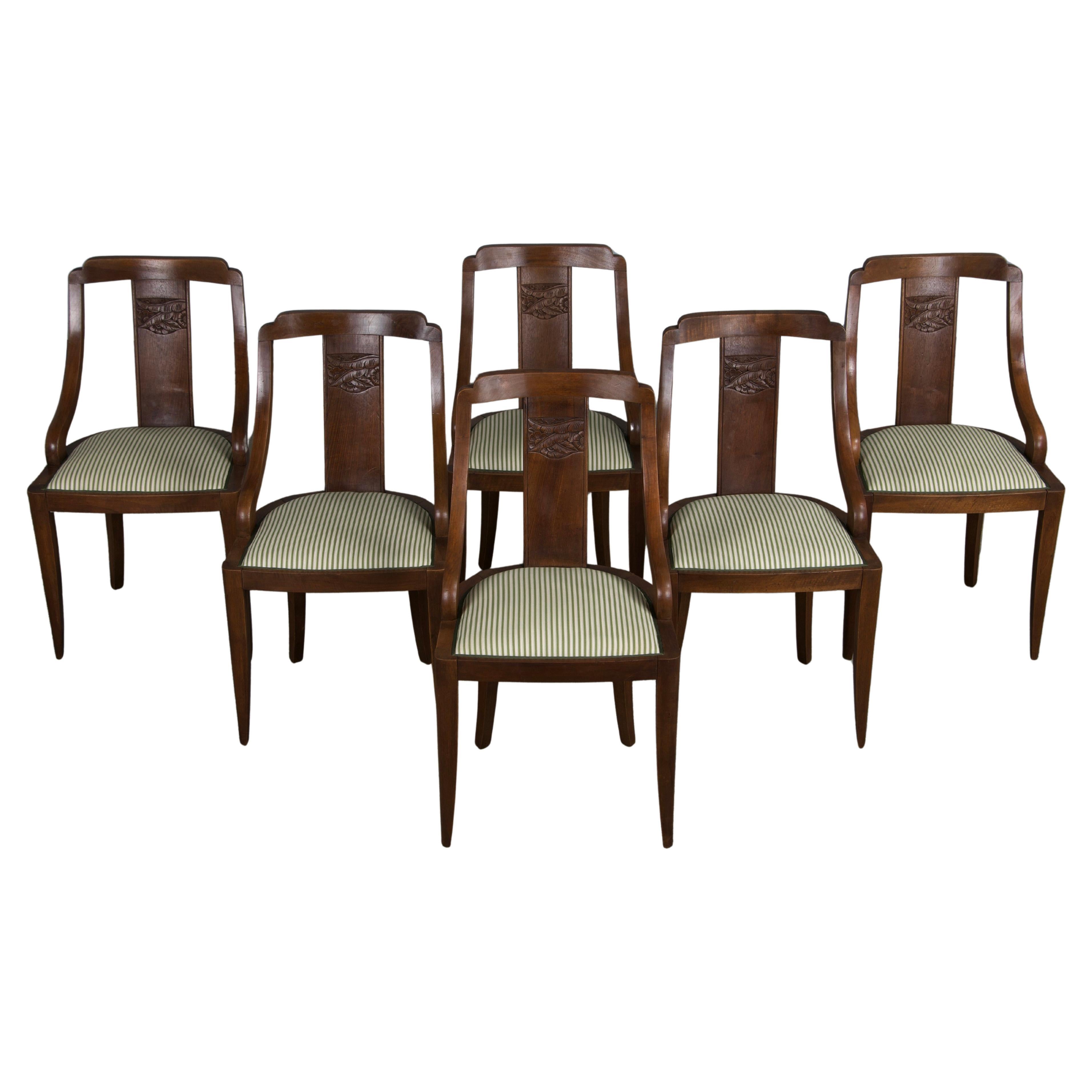 Six 1930s French Art Deco Gondola Walnut Dining Chairs W/ Striped Green Fabric