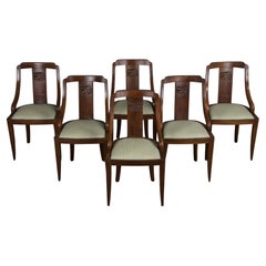 Six 1930s French Art Deco Gondola Walnut Dining Chairs W/ Striped Green Fabric