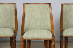 Six 1930s French Art Deco Walnut Gondola Dining Chairs in Striped Green Fabric