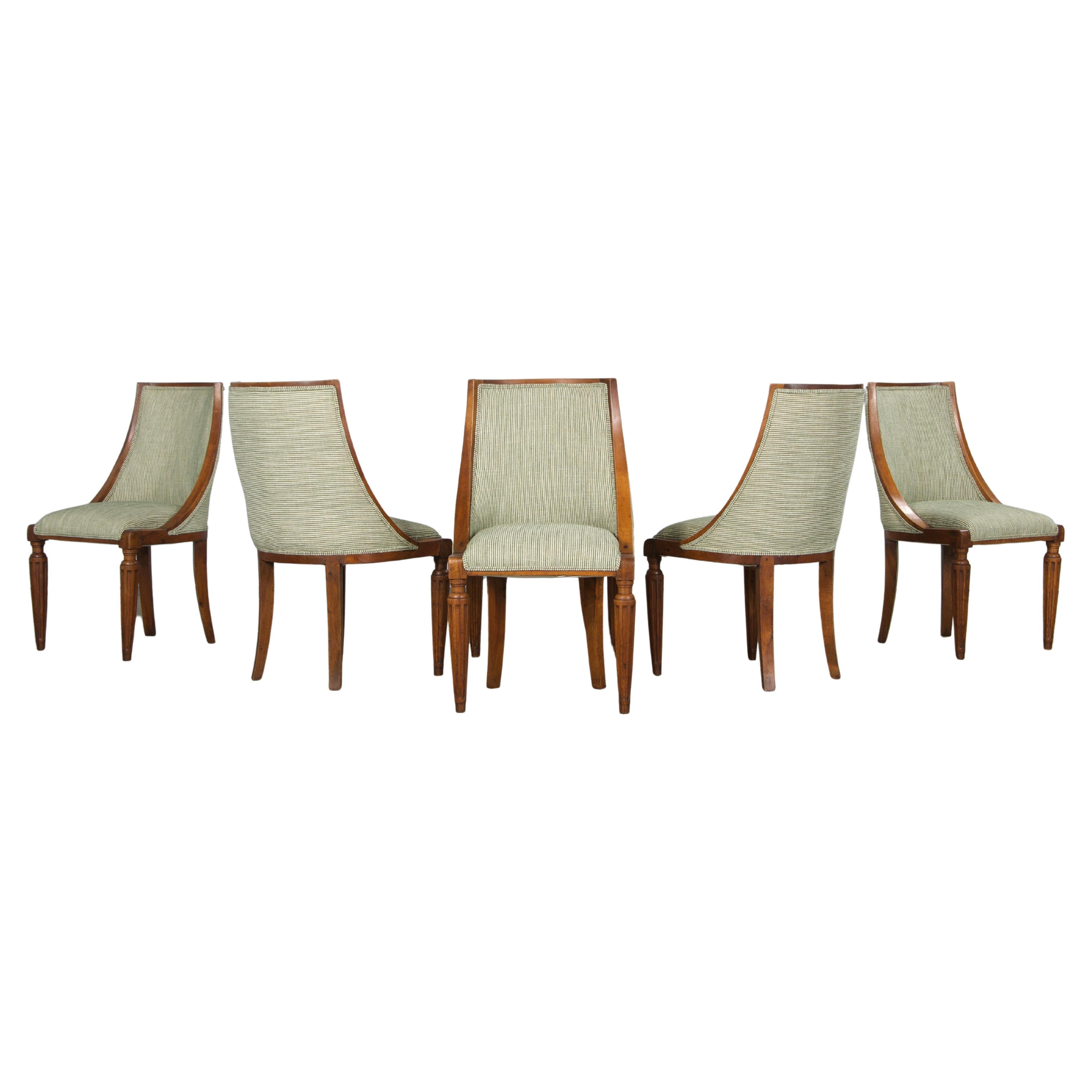 Six 1930s French Art Deco Walnut Gondola Dining Chairs in Striped Green Fabric