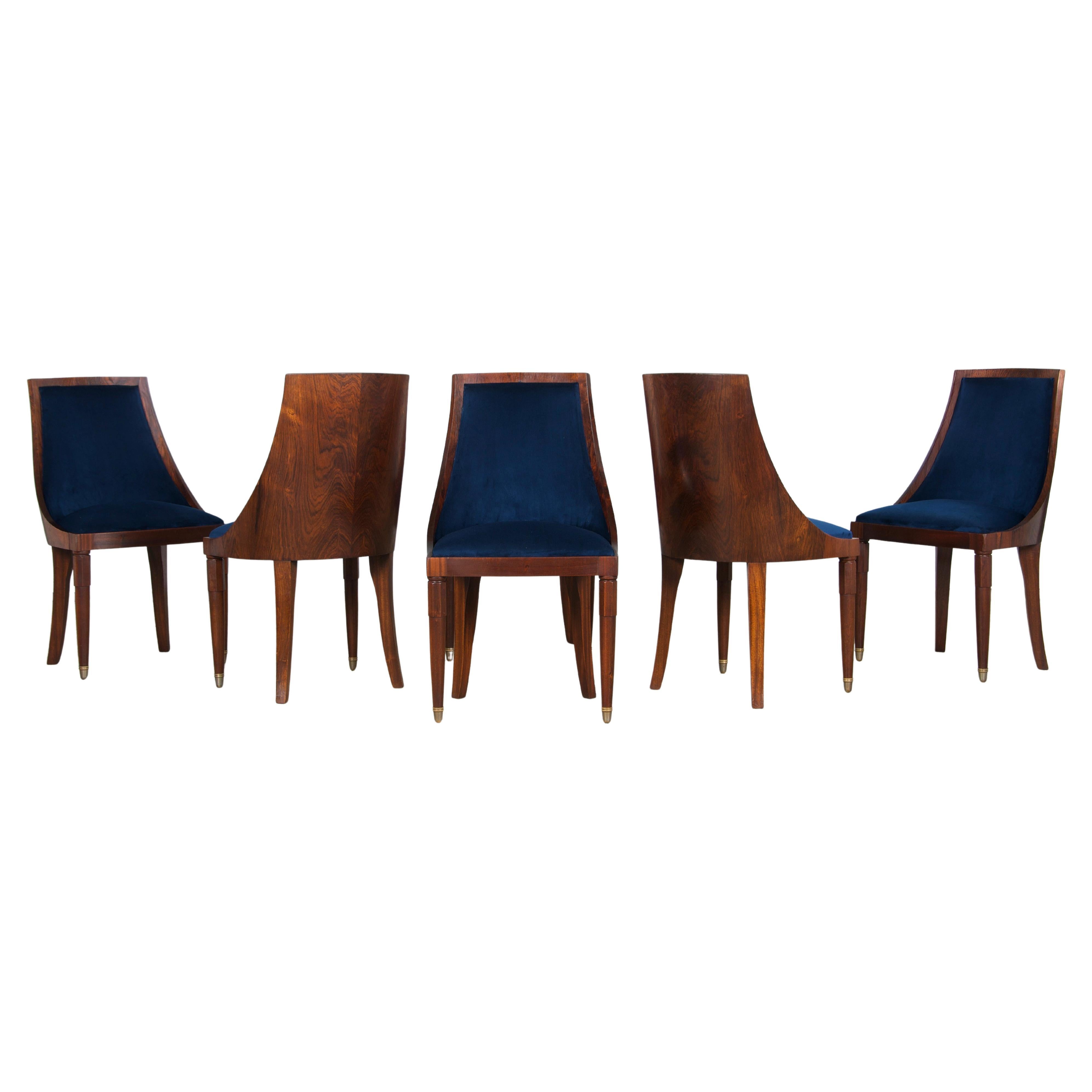 Six 1930s French E Rinck Art Deco Rosewood Dining Chairs in Dark Blue Velvet