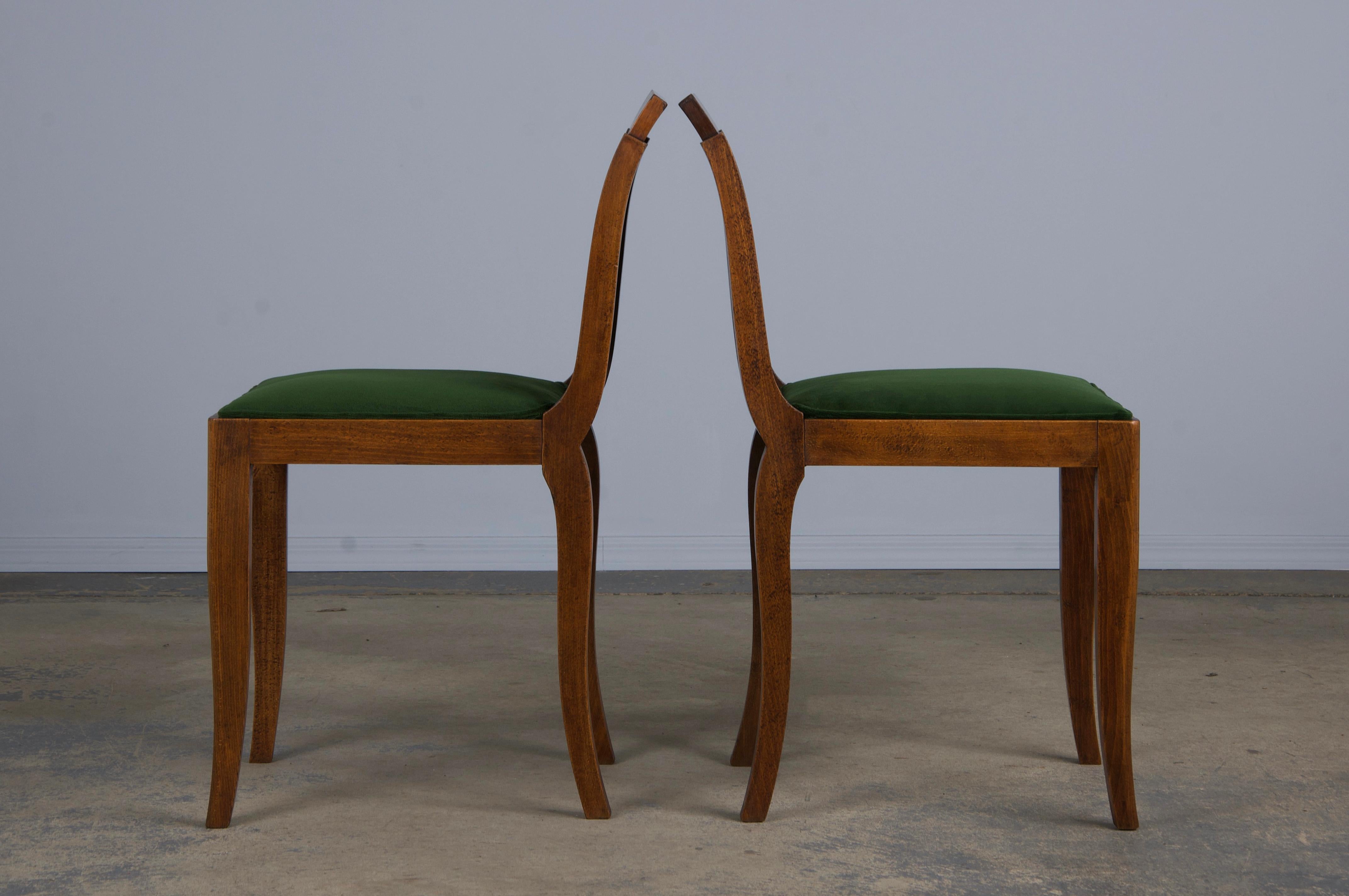 Six Art Deco Rosewood Dining Chairs in Green Velvet For Sale 4