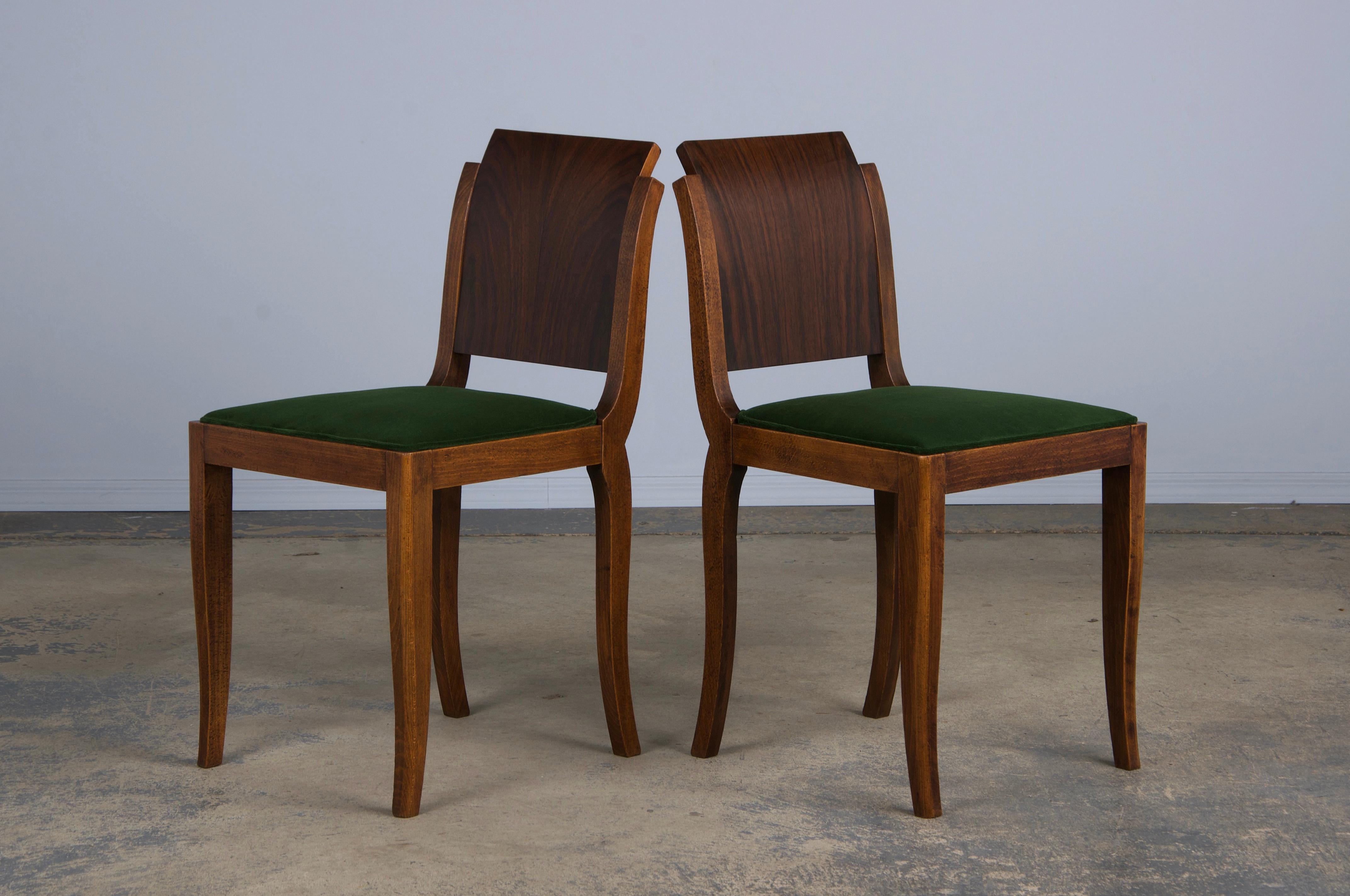Six Art Deco Rosewood Dining Chairs in Green Velvet For Sale 5