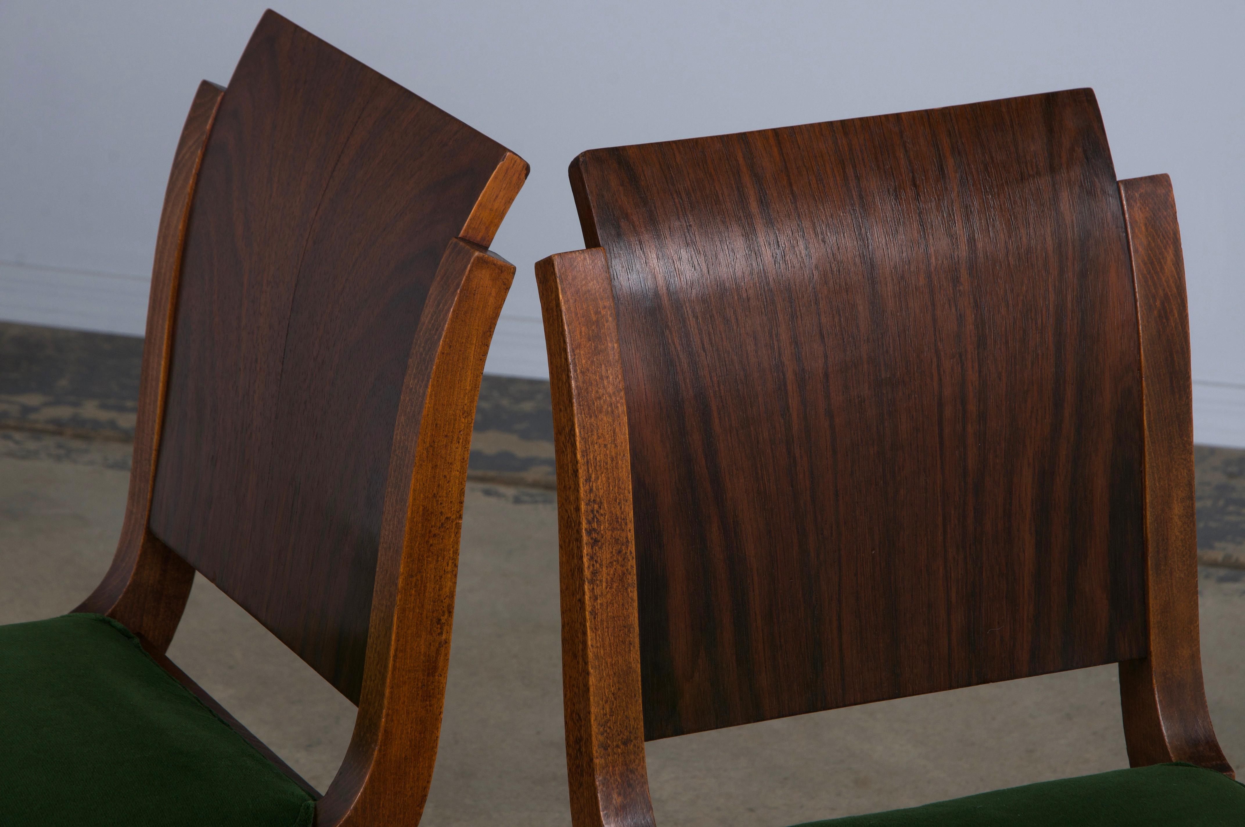 Six Art Deco Rosewood Dining Chairs in Green Velvet For Sale 6