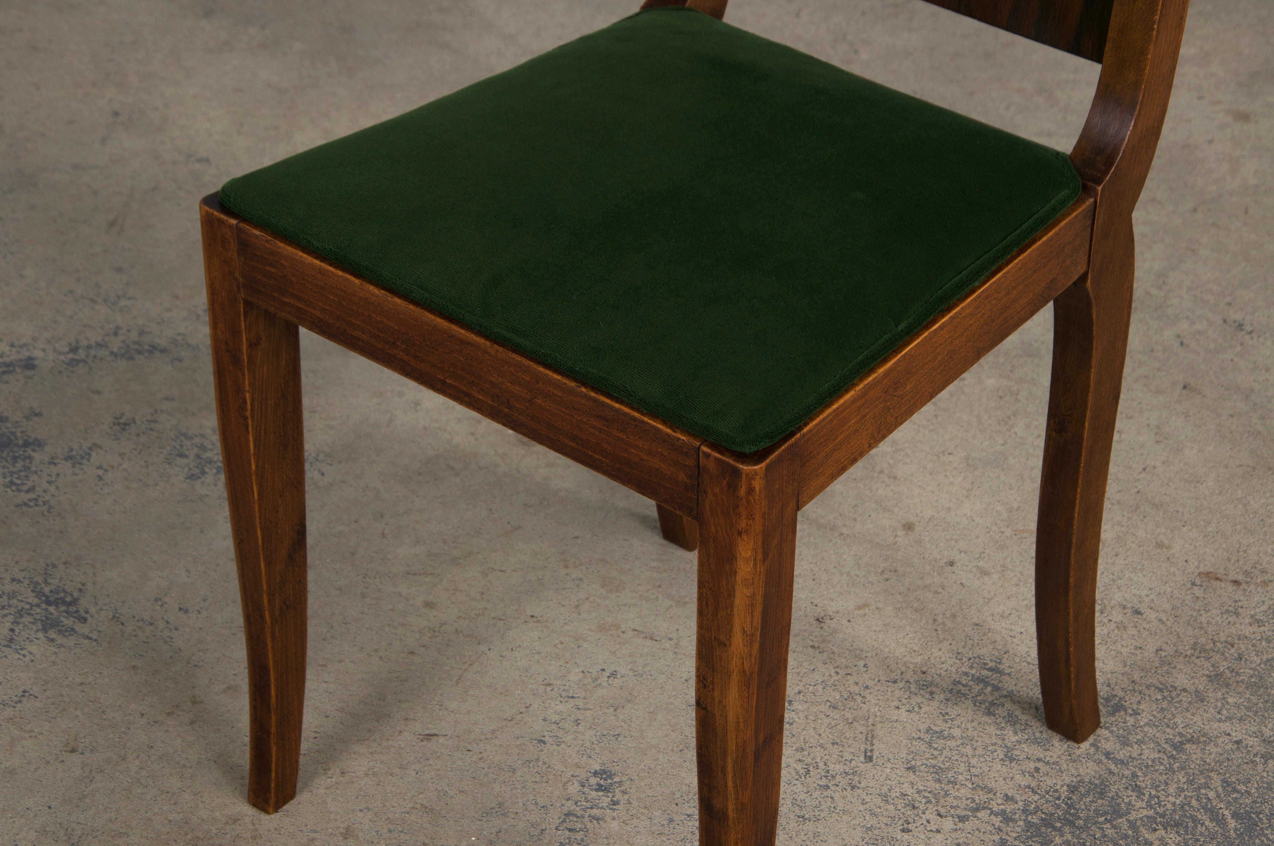Six Art Deco Rosewood Dining Chairs in Green Velvet For Sale 8