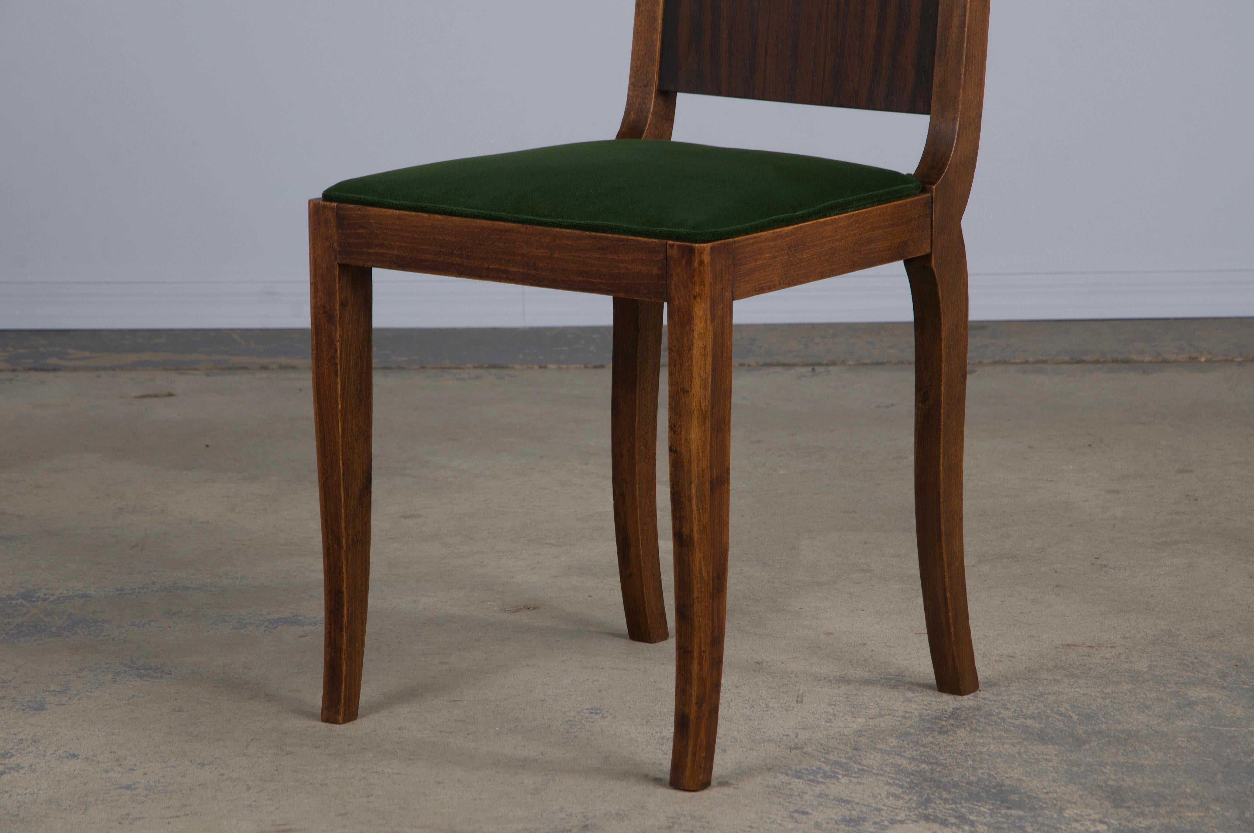 Six Art Deco Rosewood Dining Chairs in Green Velvet For Sale 9