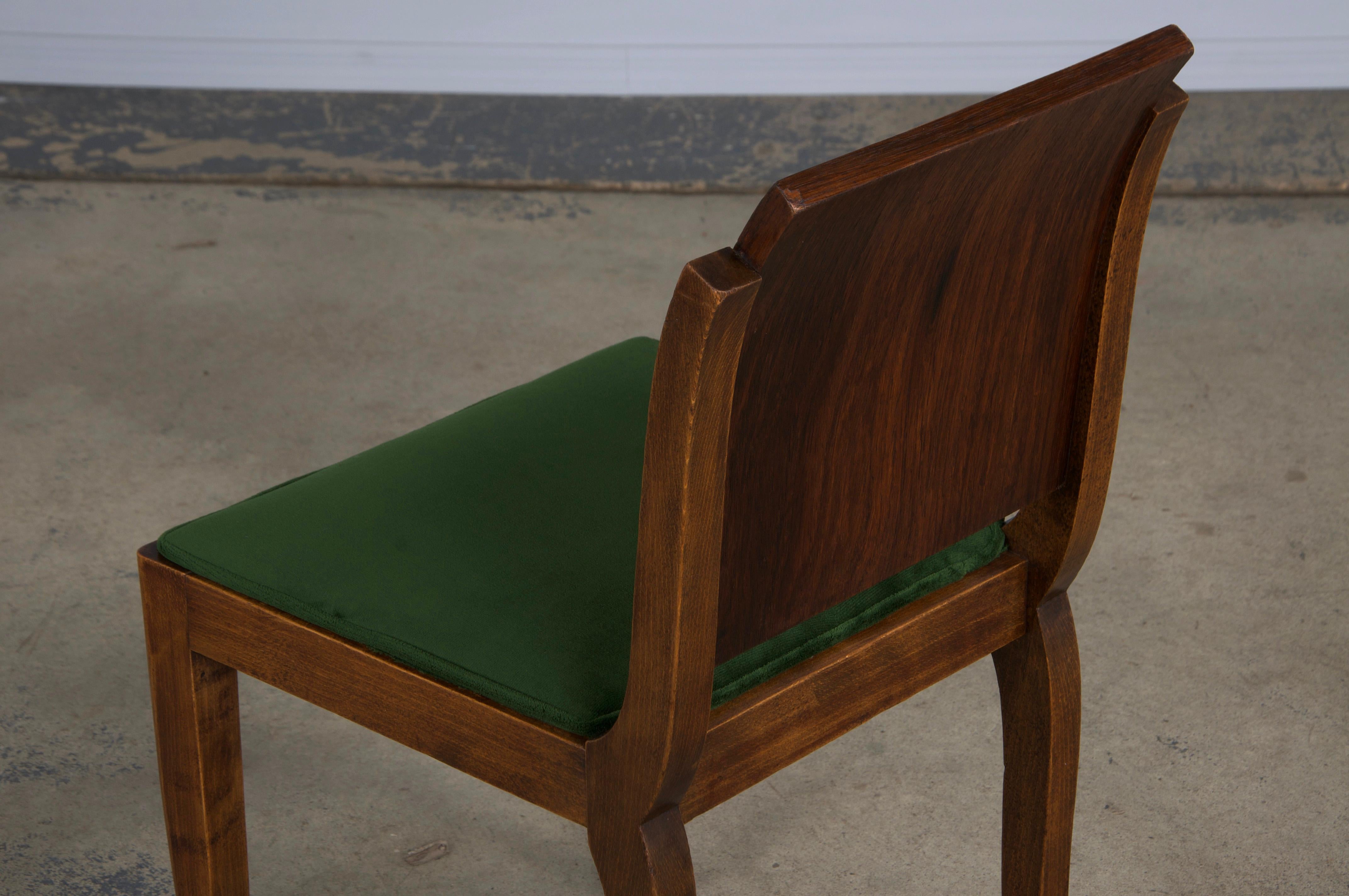 Six Art Deco Rosewood Dining Chairs in Green Velvet For Sale 11