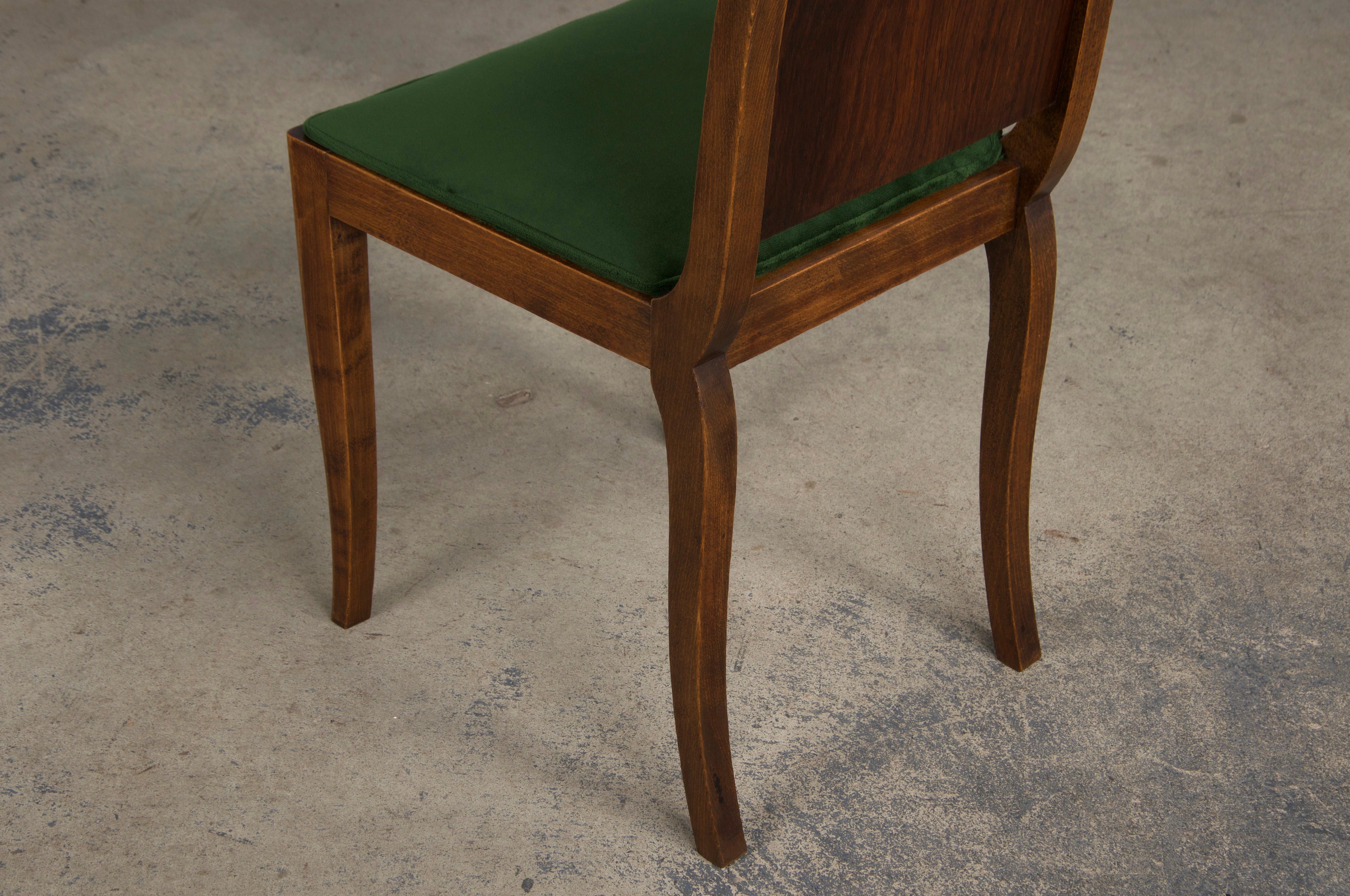 Six Art Deco Rosewood Dining Chairs in Green Velvet For Sale 12