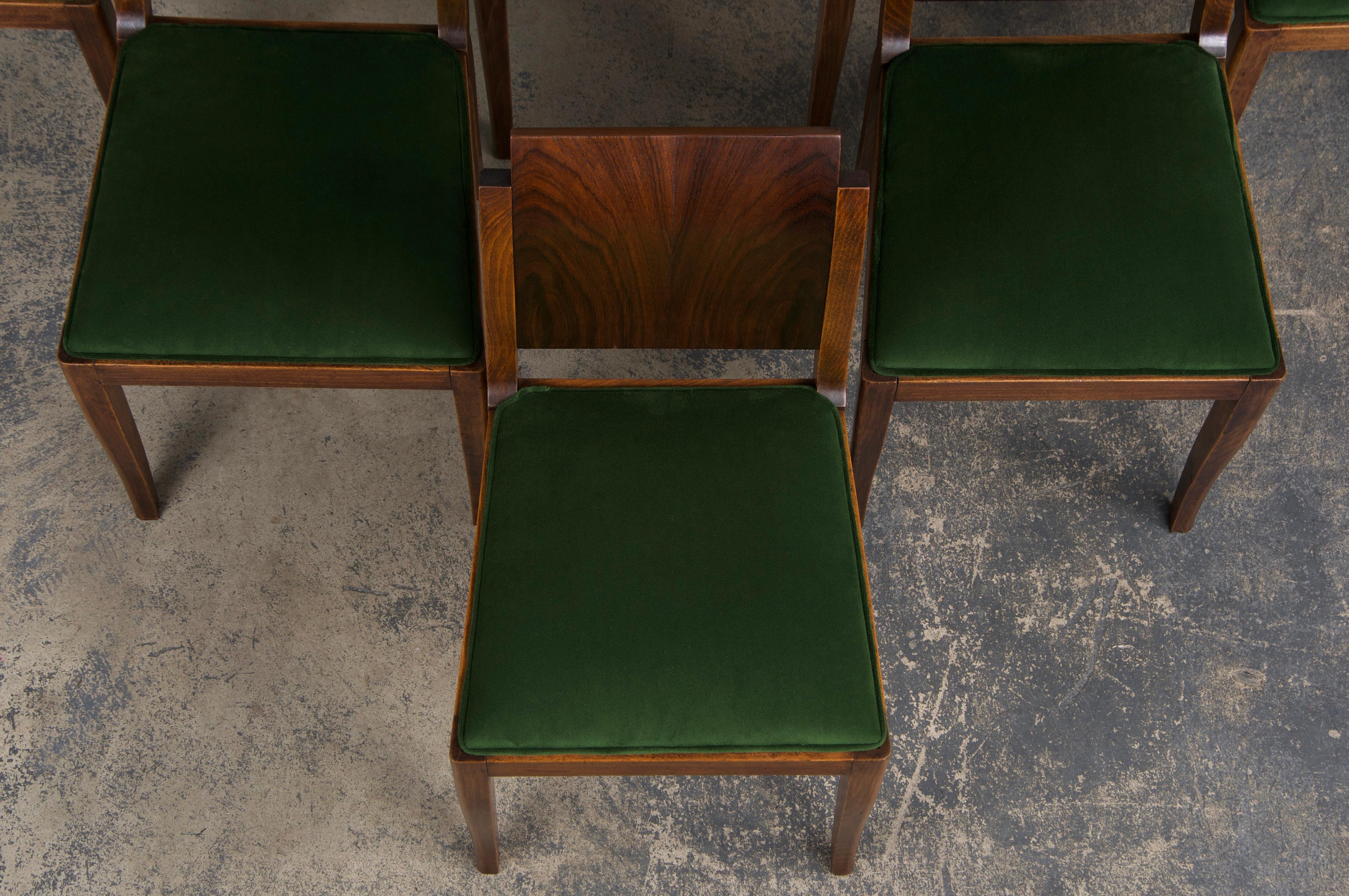 French Six Art Deco Rosewood Dining Chairs in Green Velvet For Sale