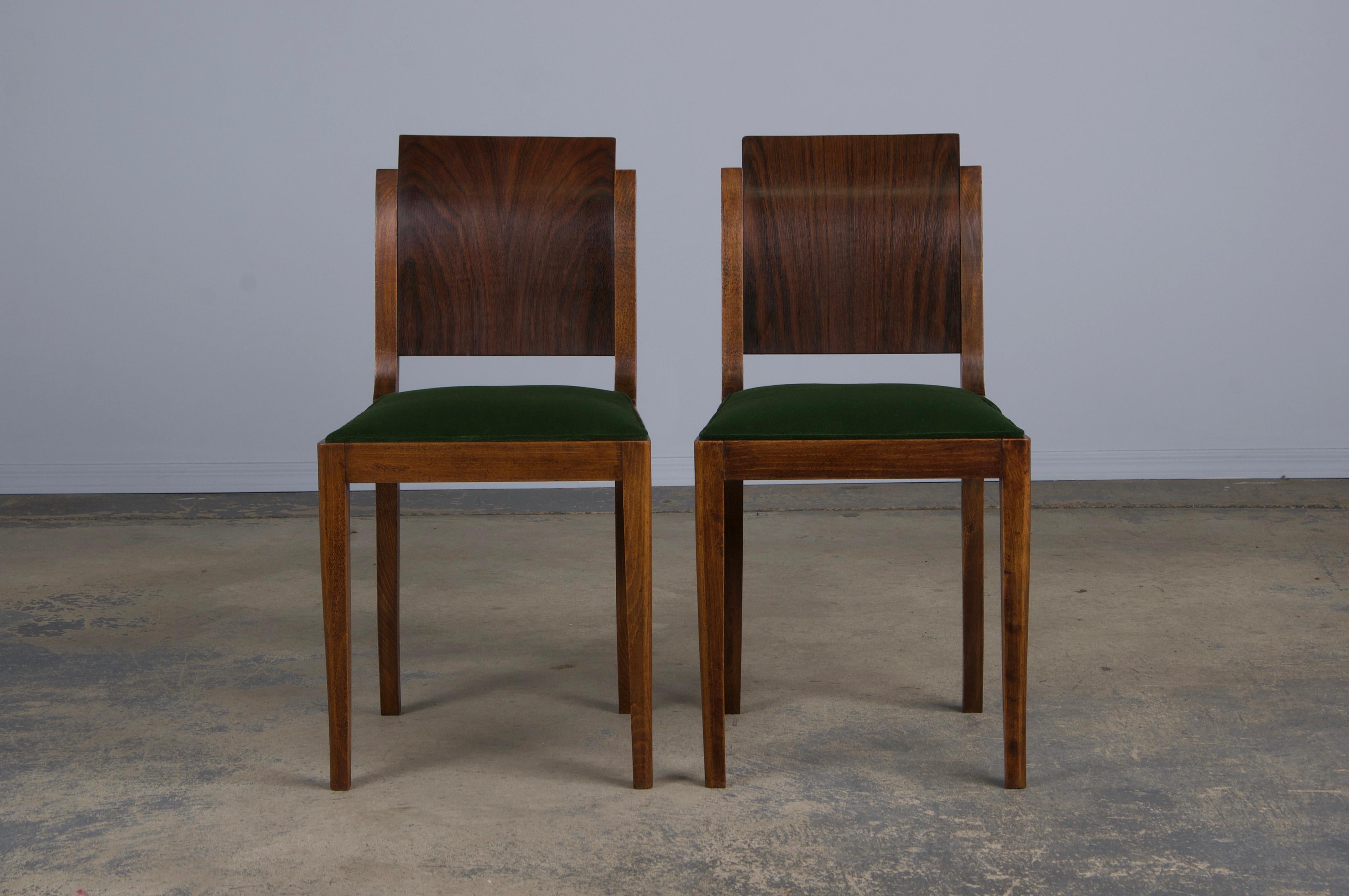 Hand-Carved Six Art Deco Rosewood Dining Chairs in Green Velvet For Sale