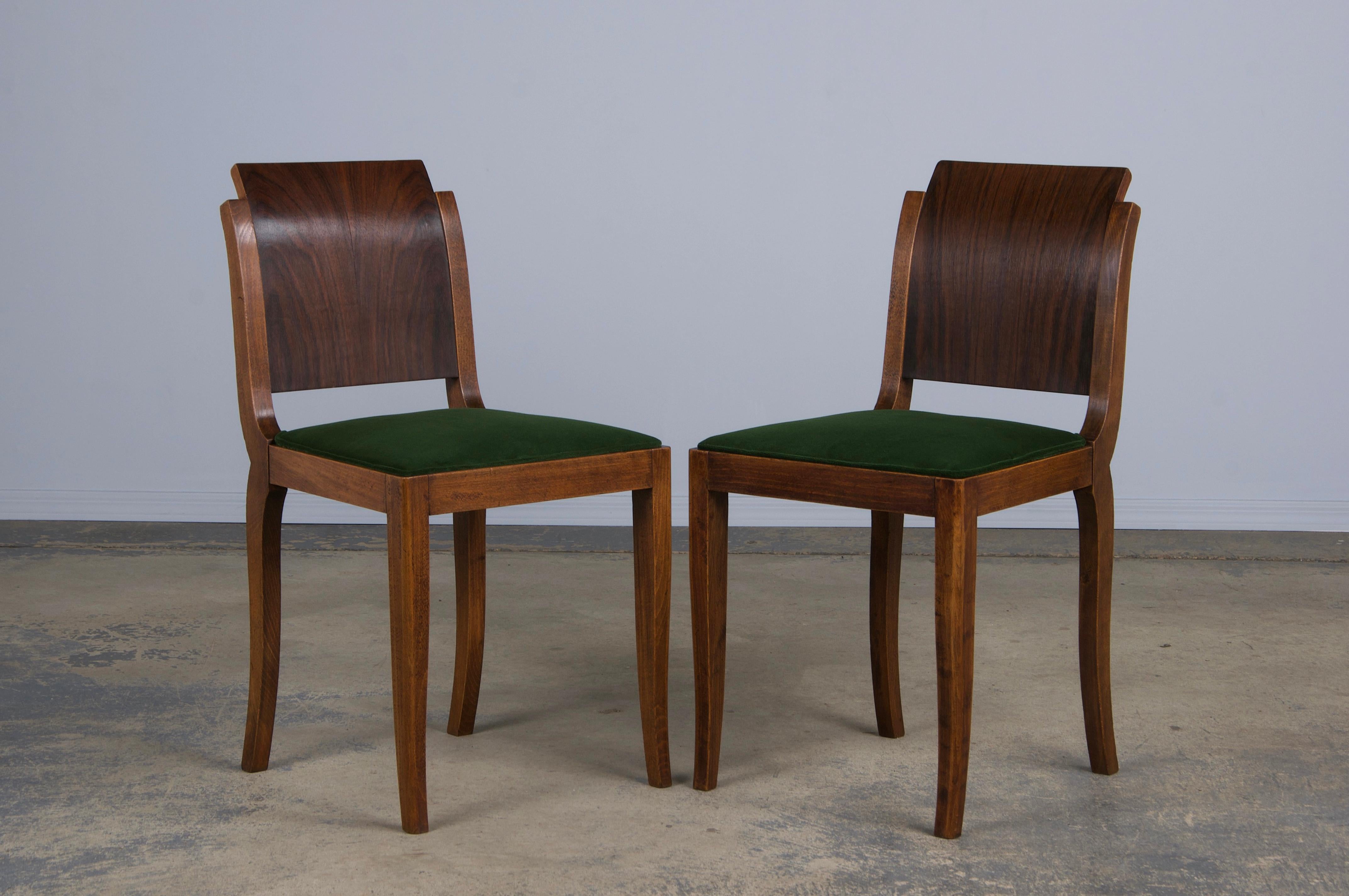 Six Art Deco Rosewood Dining Chairs in Green Velvet In Good Condition For Sale In Astoria, NY